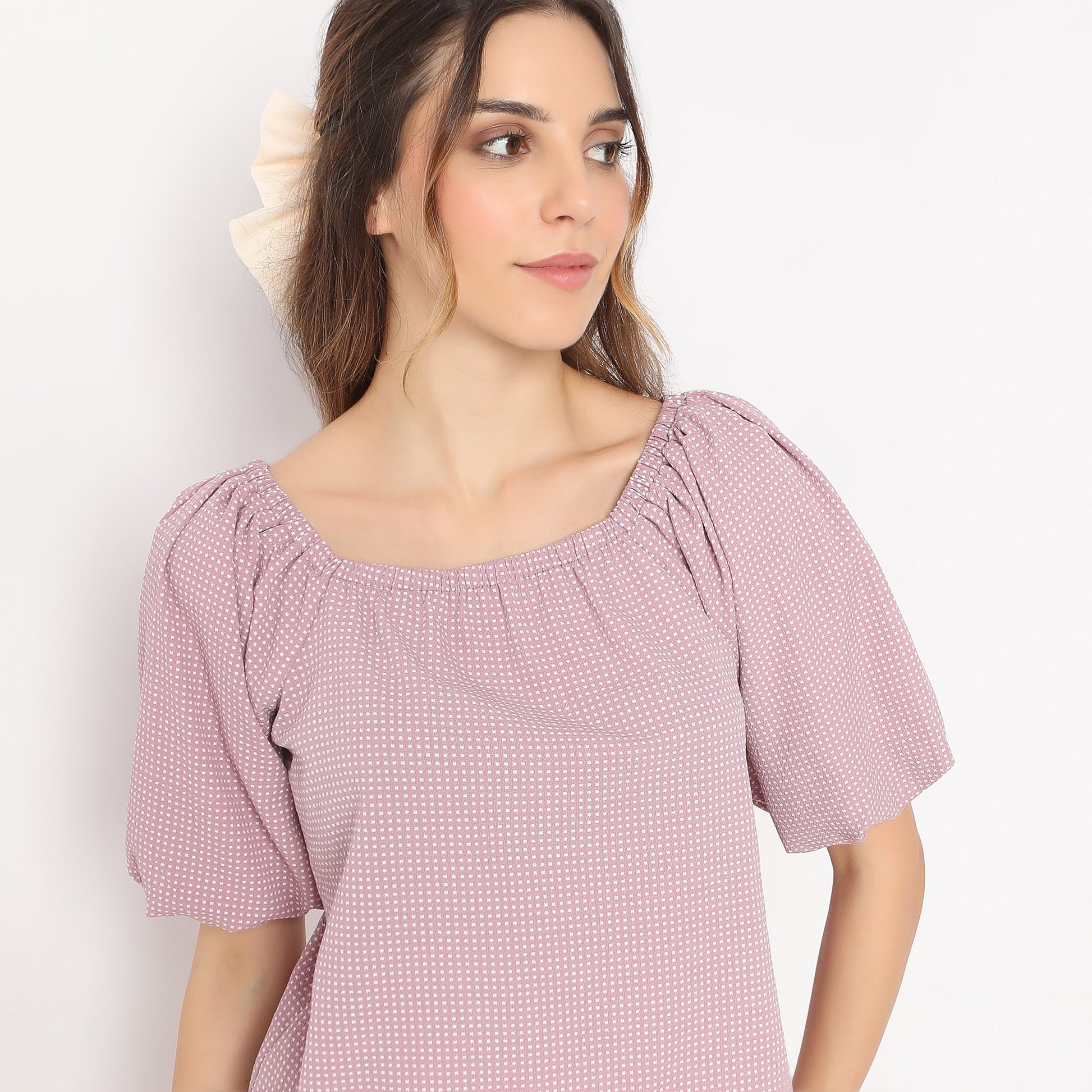Polka Dot Square Neck Woven Puff Sleeve Top