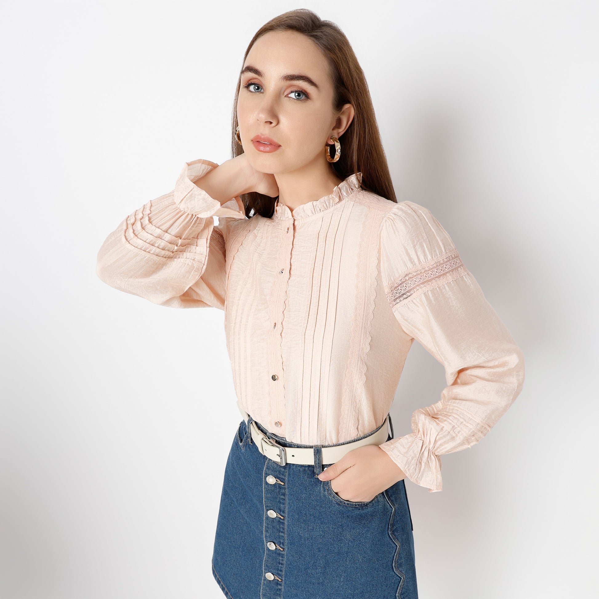 Regular Fit Lace Band Neck Top