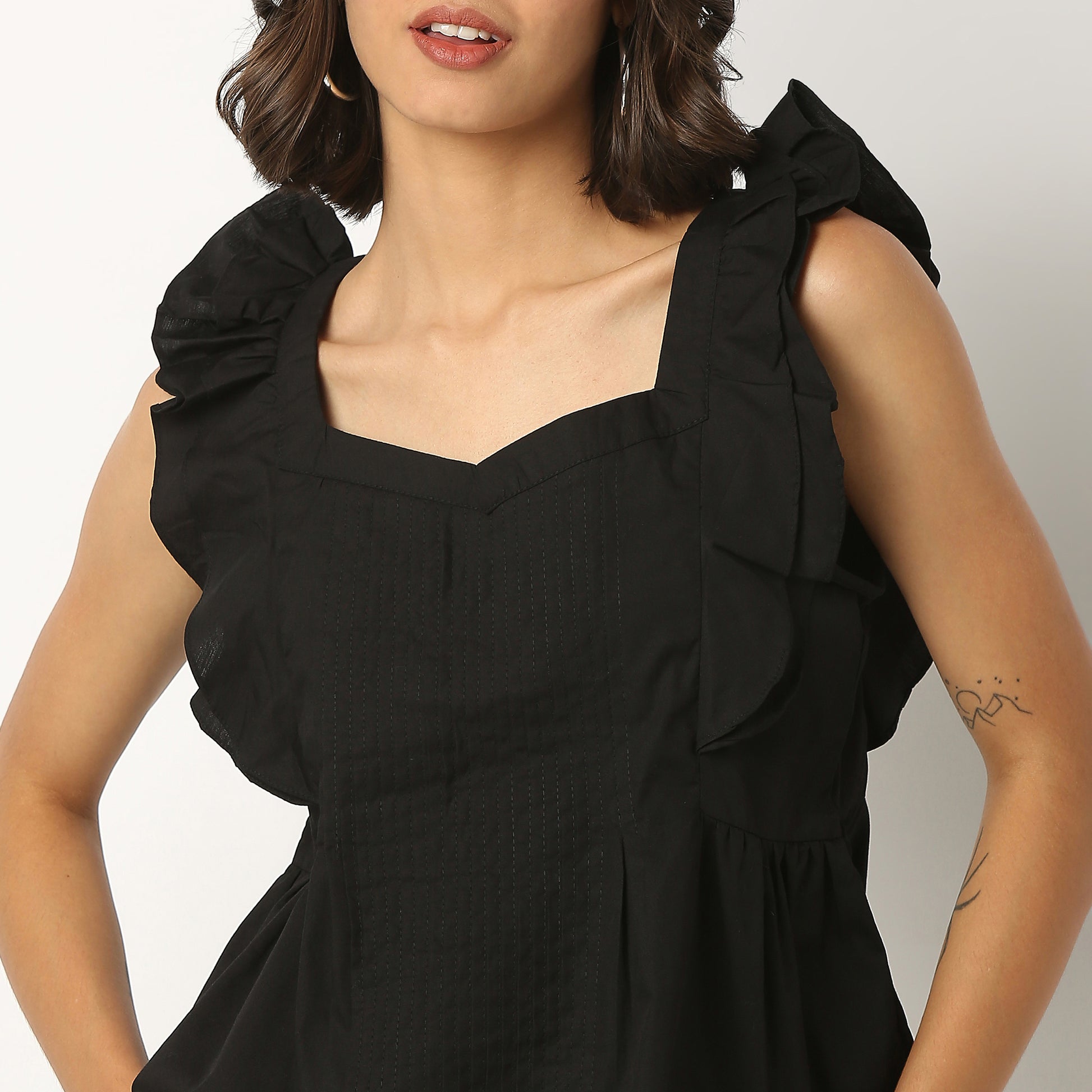 Cotton Fabric Ruffle Sleeve Top