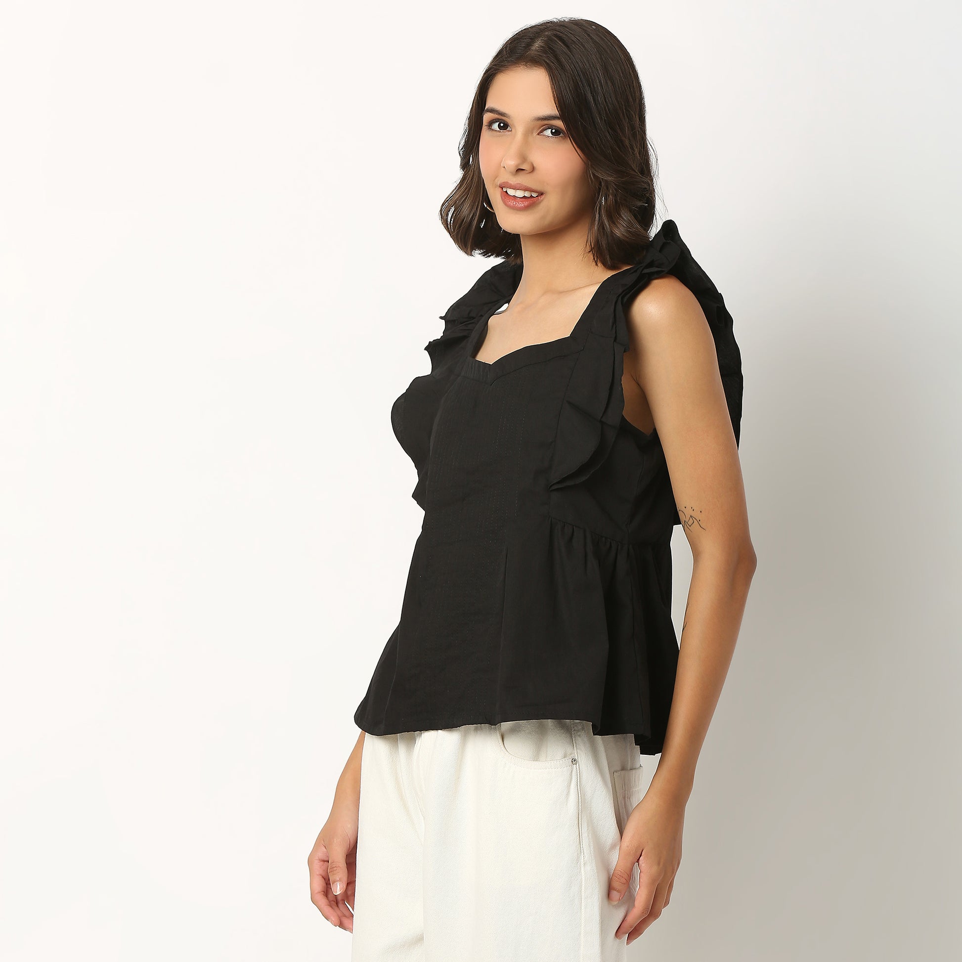 Cotton Fabric Ruffle Sleeve Top
