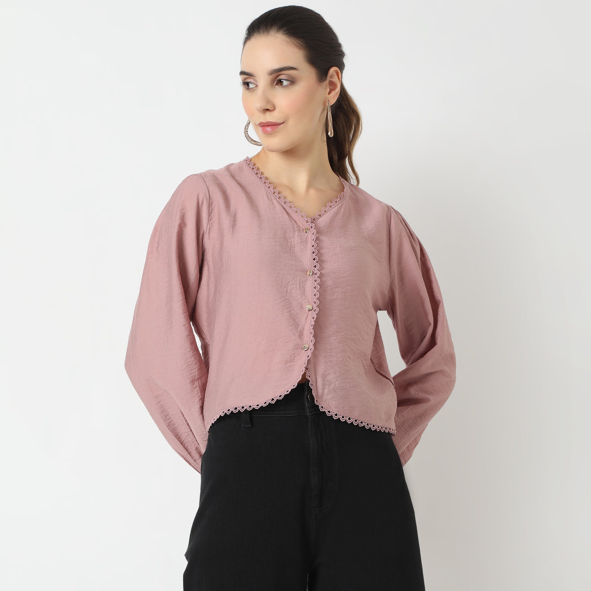 Regular Fit Solid V-Neck Top