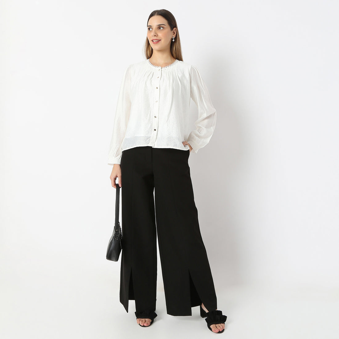 Solid U-Neck Full Sleeve Woven Top