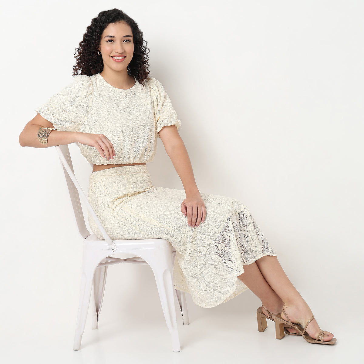 Lace Polyester Puff Sleeve Top