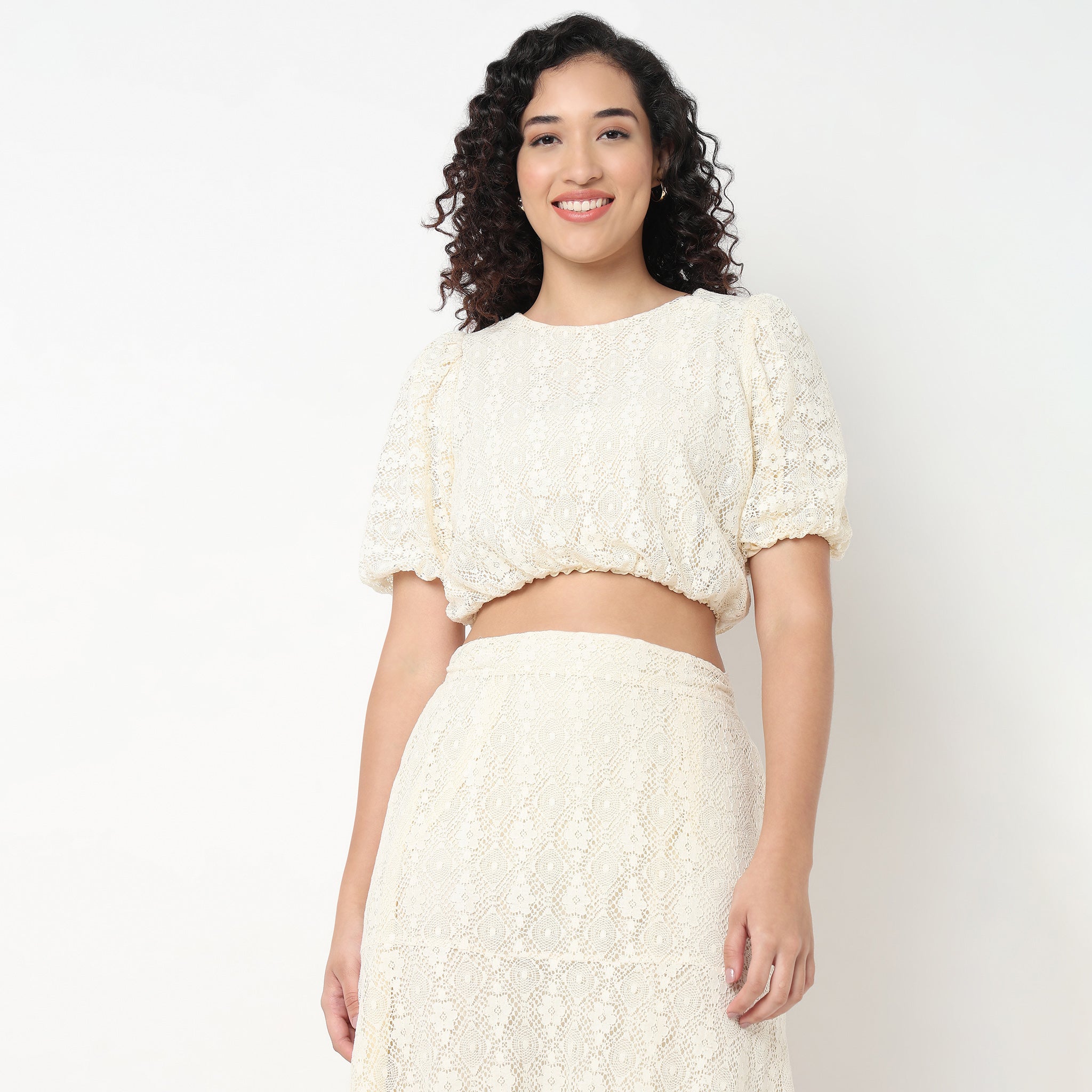 Lace Polyester Puff Sleeve Top