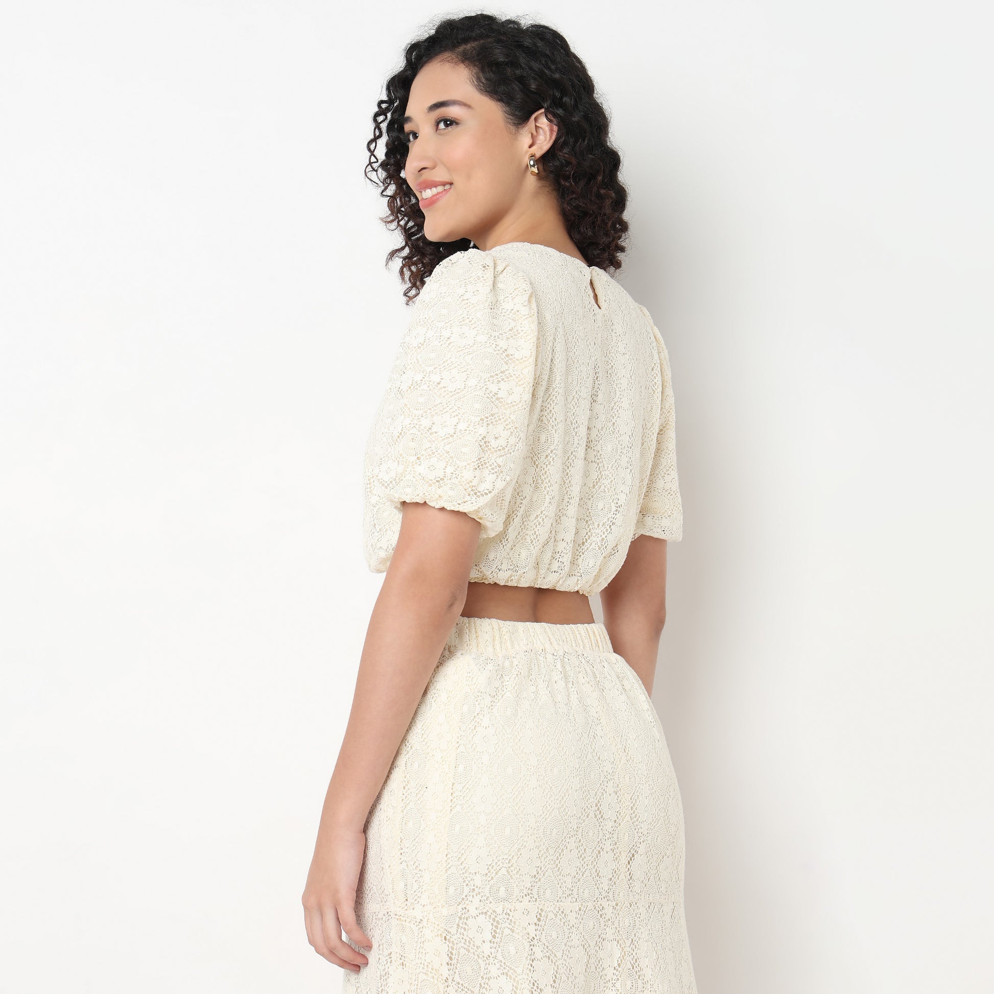 Lace Polyester Puff Sleeve Top