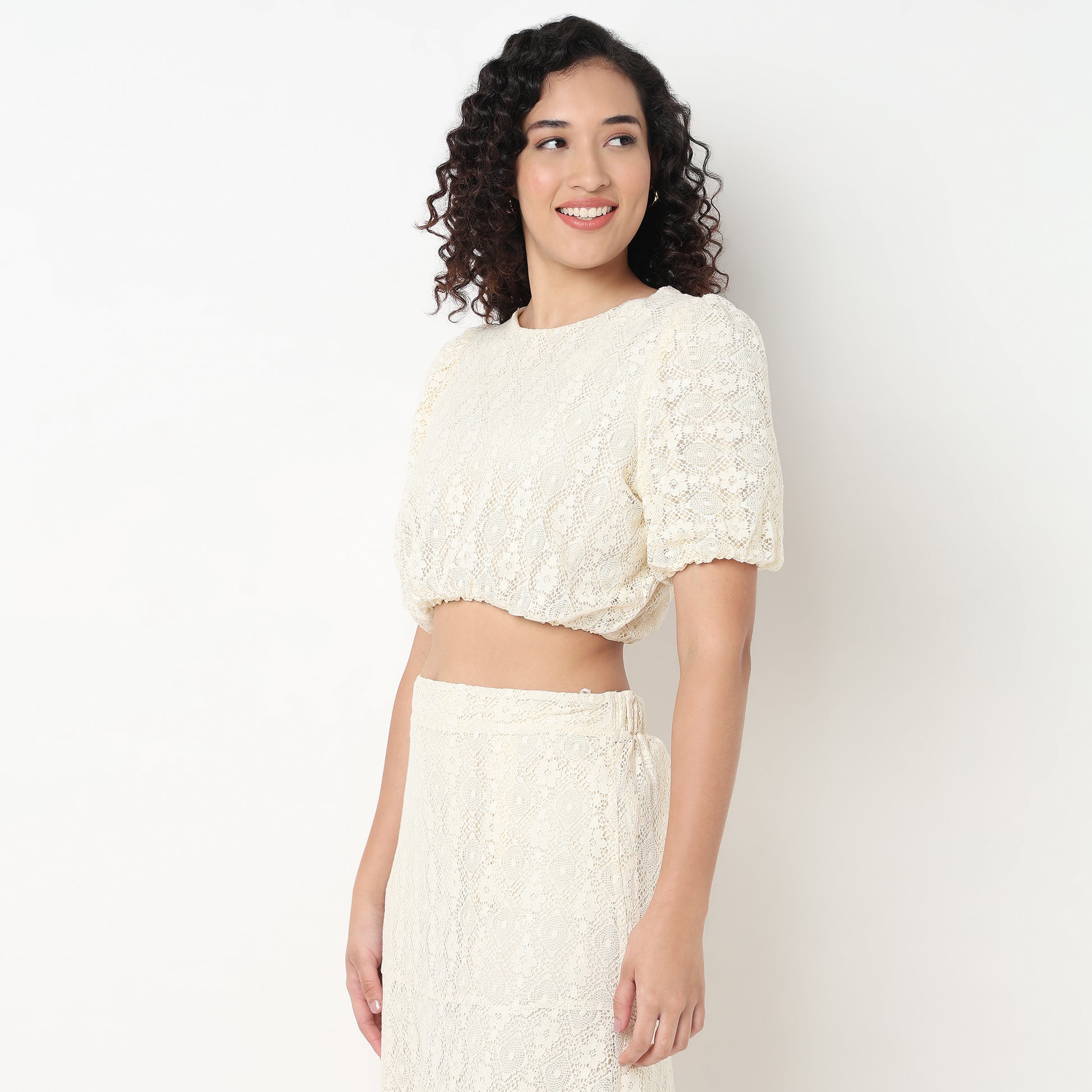 Lace Polyester Puff Sleeve Top
