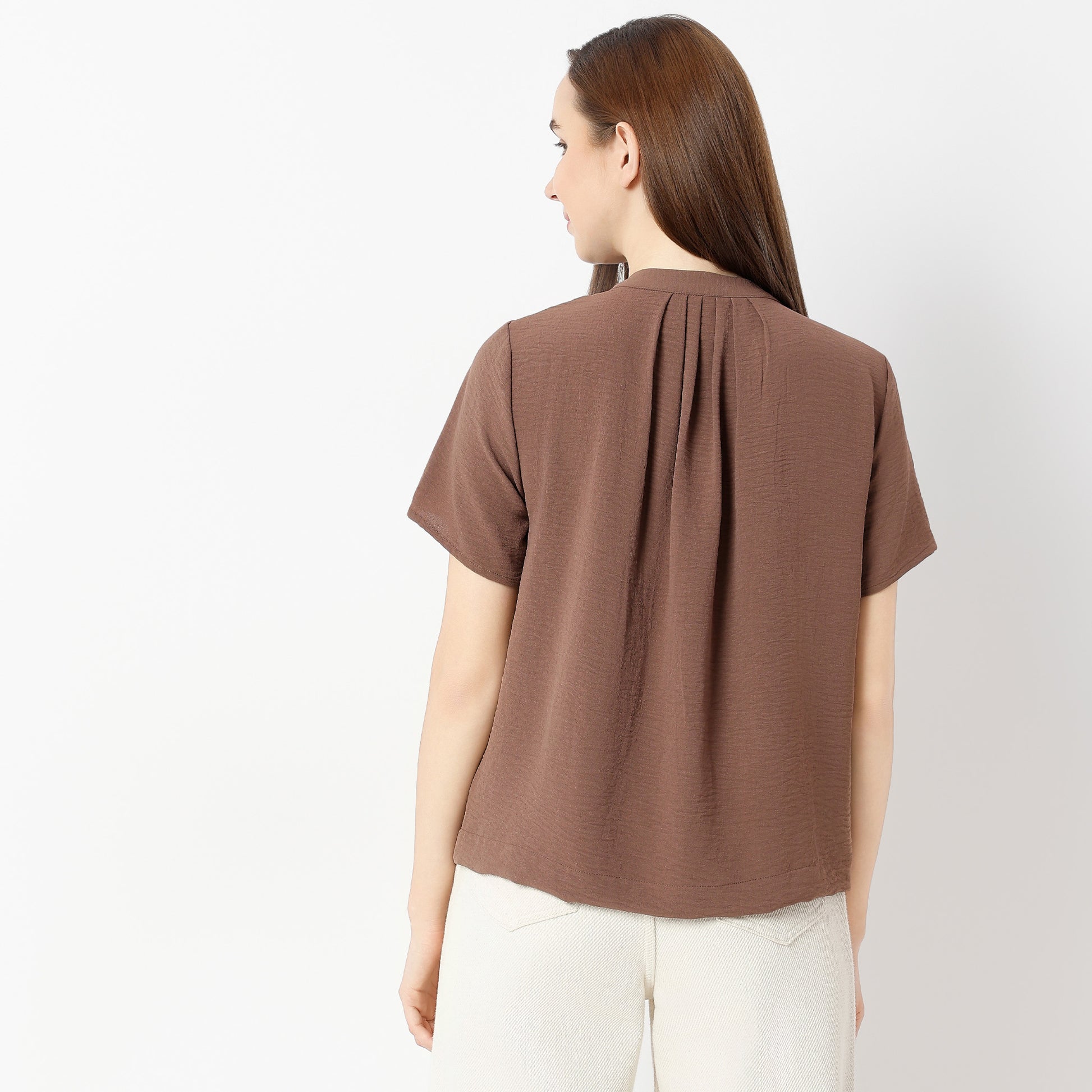 Solid Round Neck Pleated Top