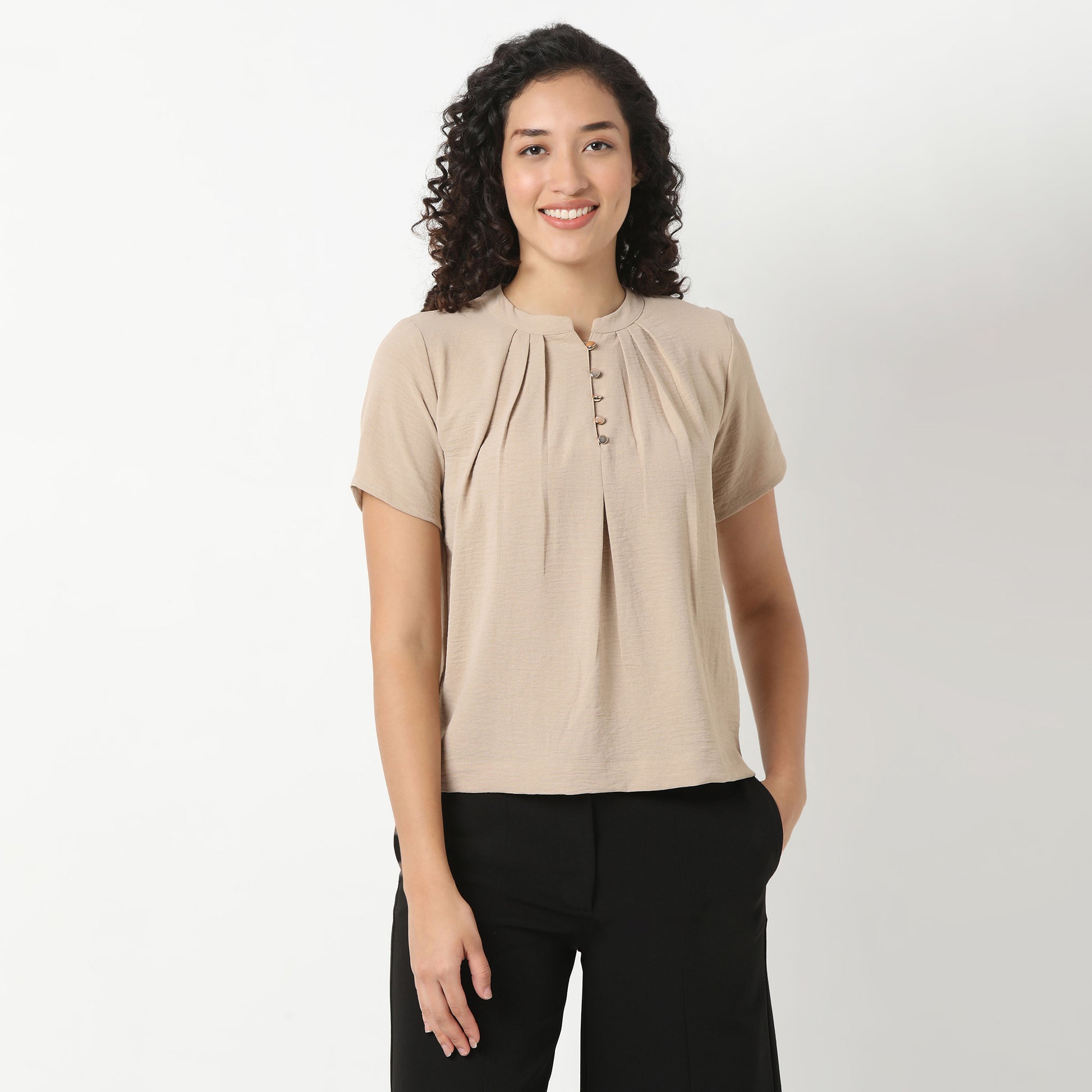 Solid Round Neck Pleated Top