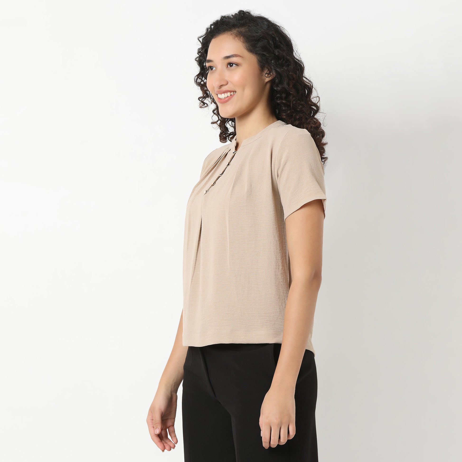 Solid Round Neck Pleated Top