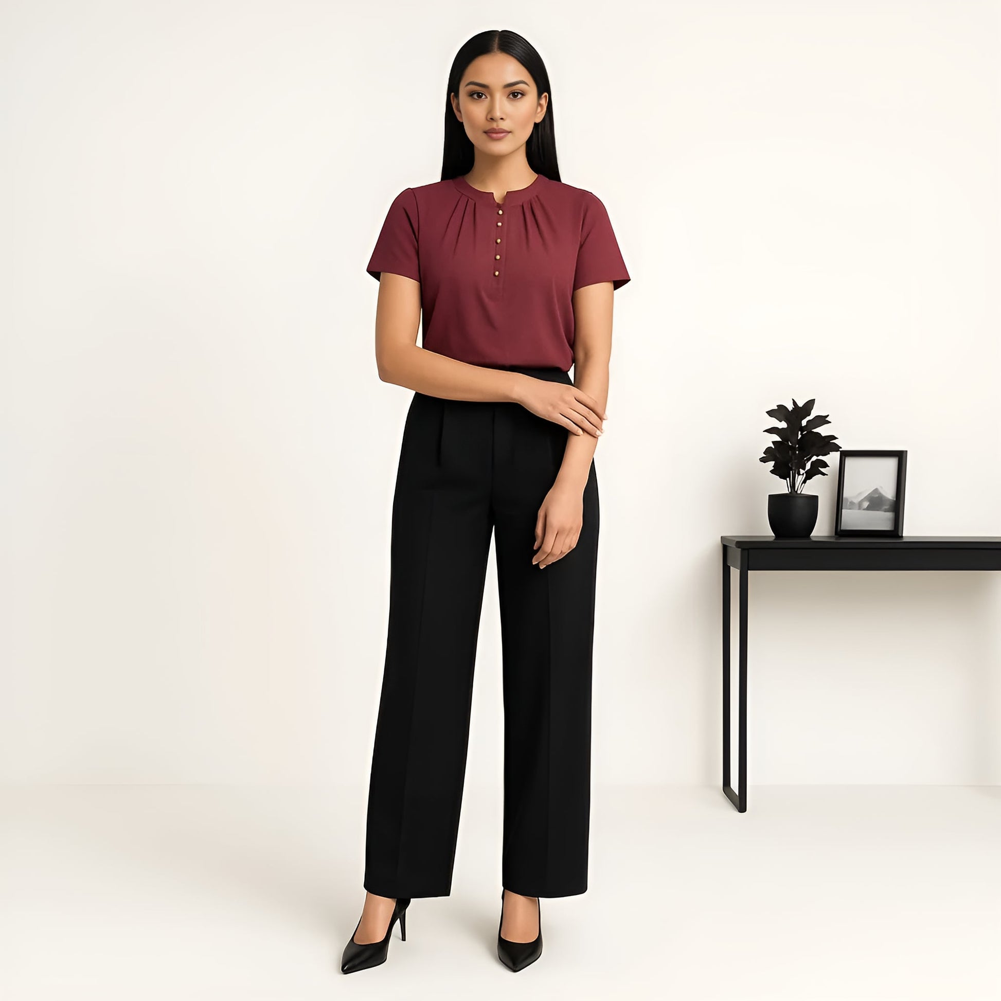 Solid Round Neck Pleated Top