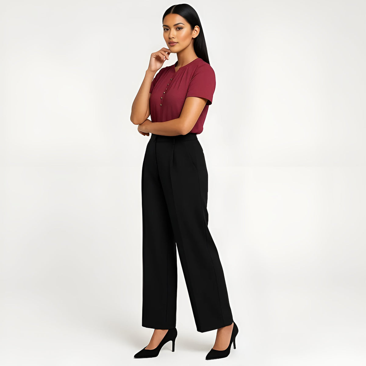 Solid Round Neck Pleated Top