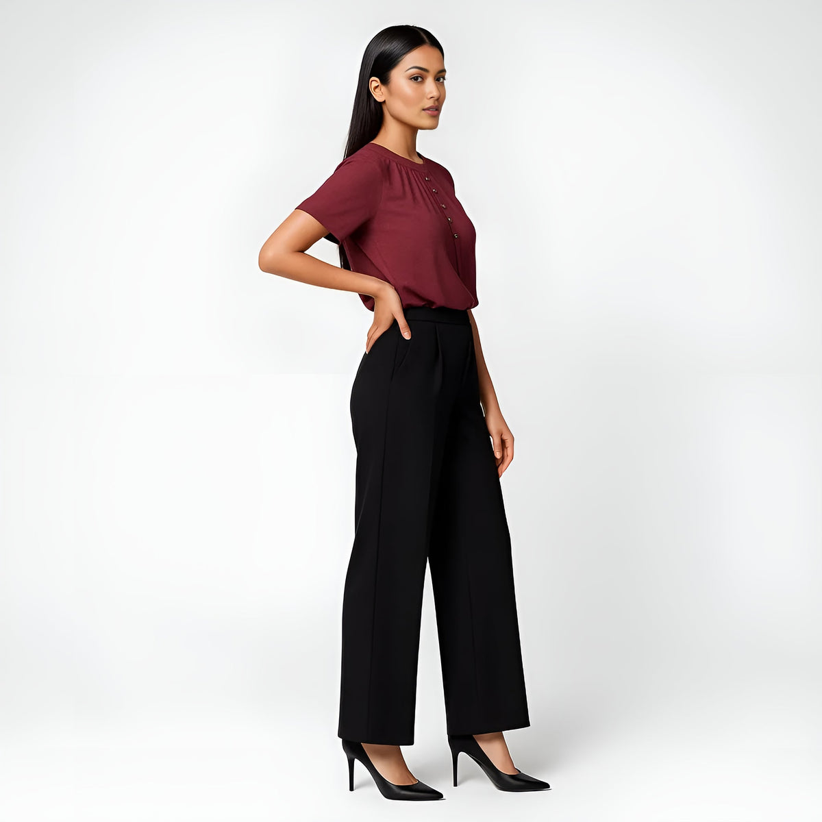Solid Round Neck Pleated Top
