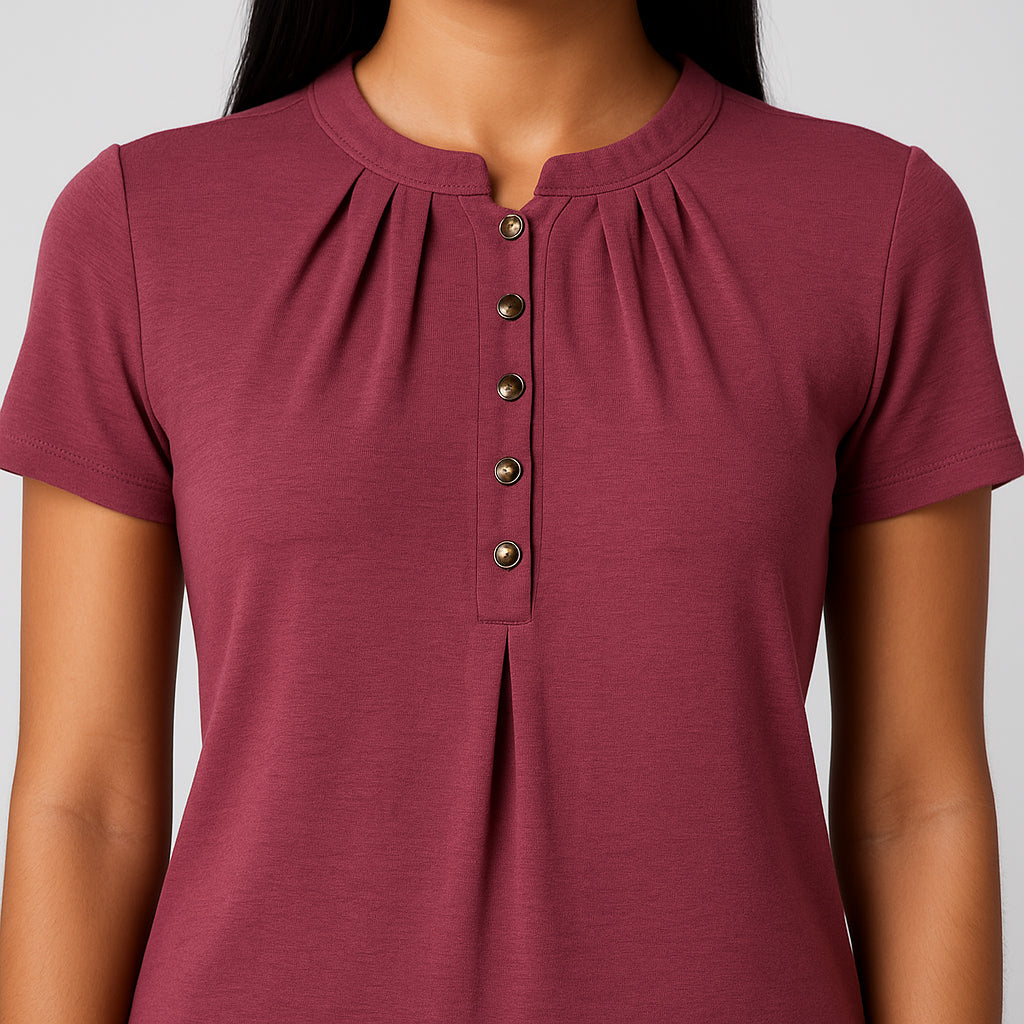 Solid Round Neck Pleated Top
