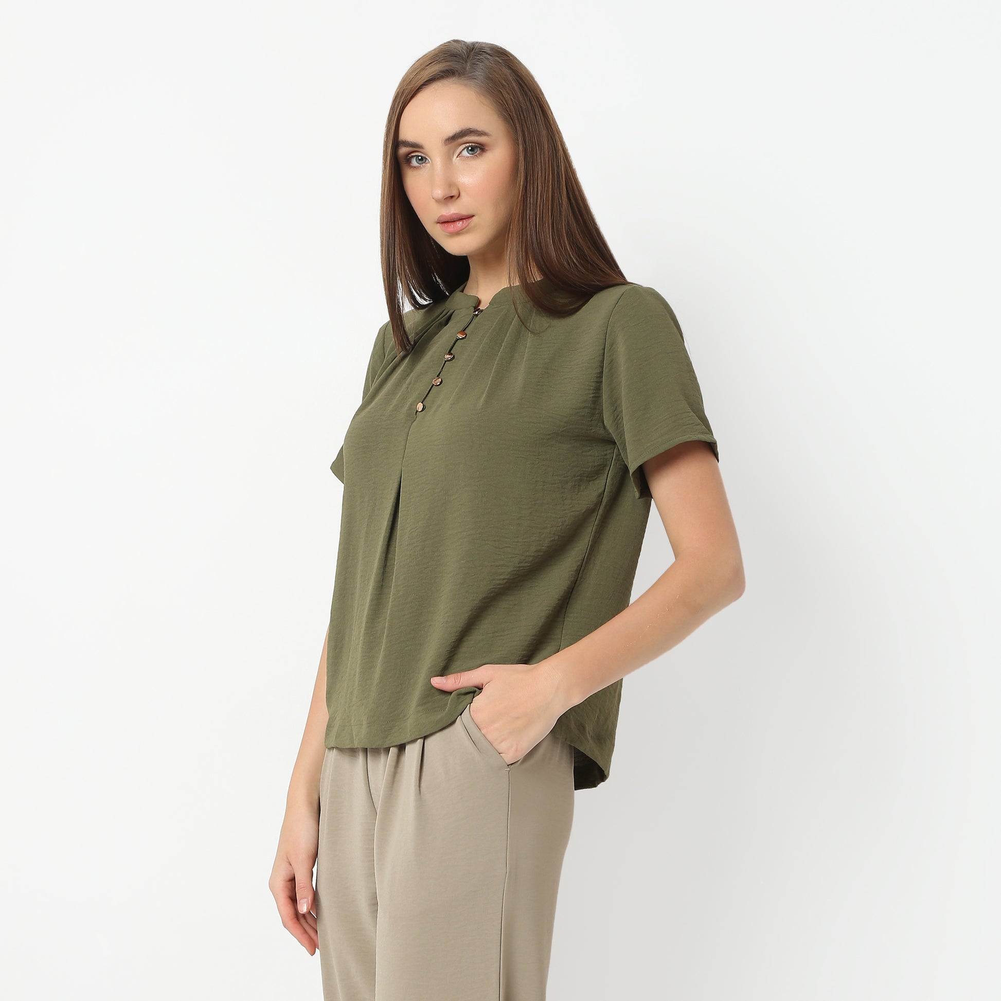 Solid Round Neck Pleated Top