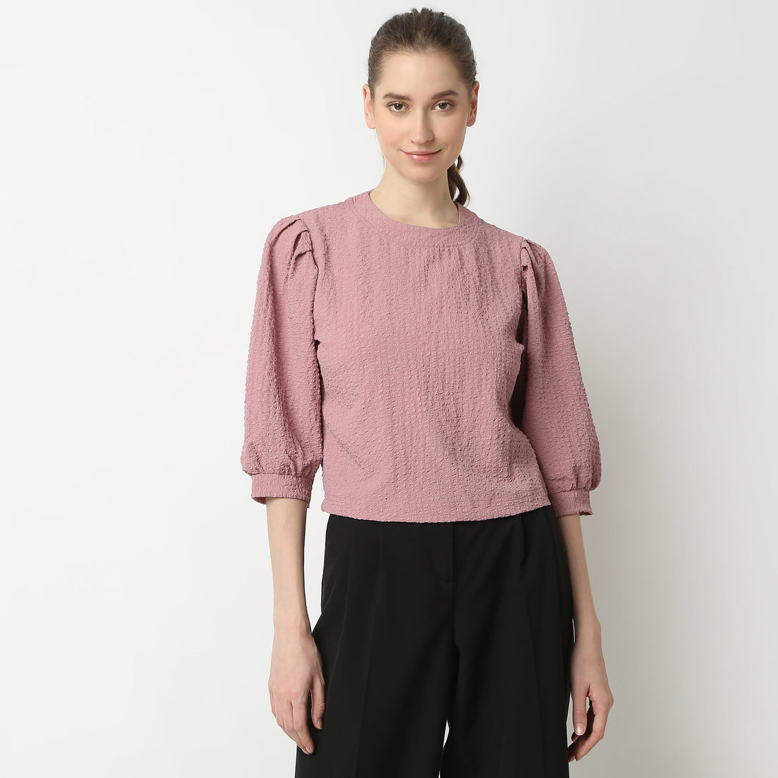Regular Fit Structured Round Neck Top