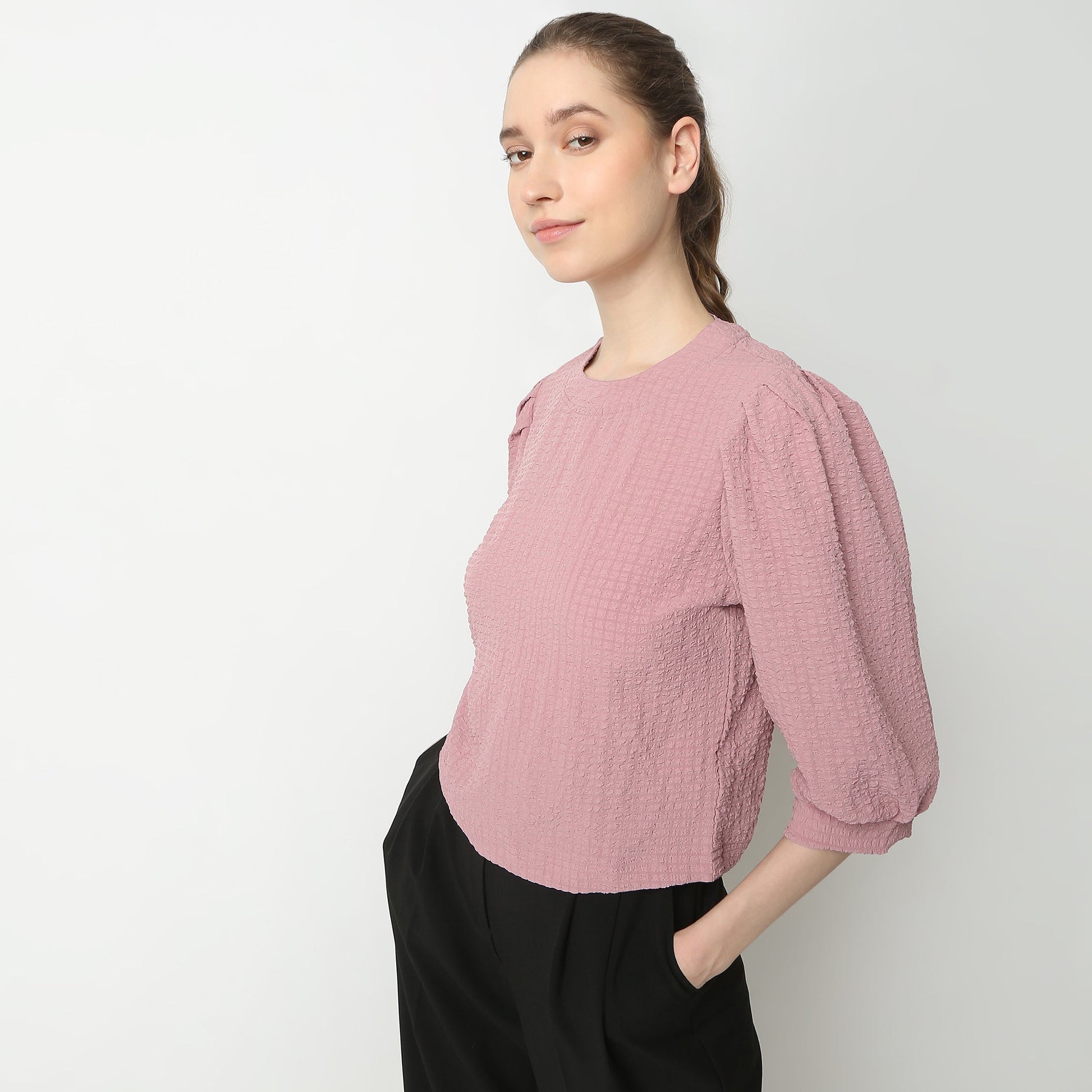 Regular Fit Structured Round Neck Top