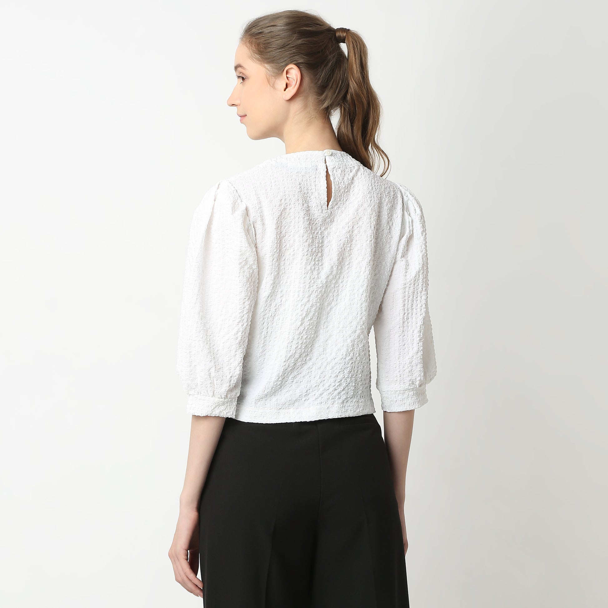 Regular Fit Structured Round Neck Top