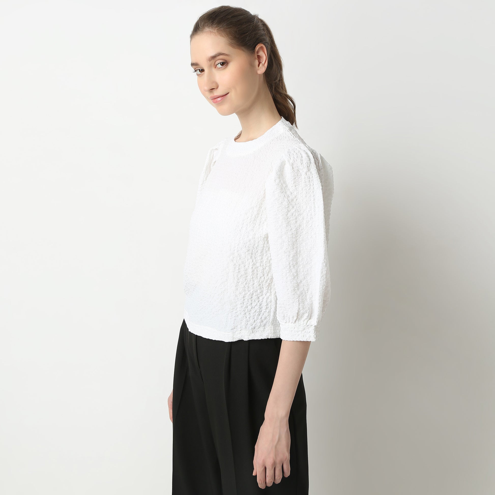 Regular Fit Structured Round Neck Top