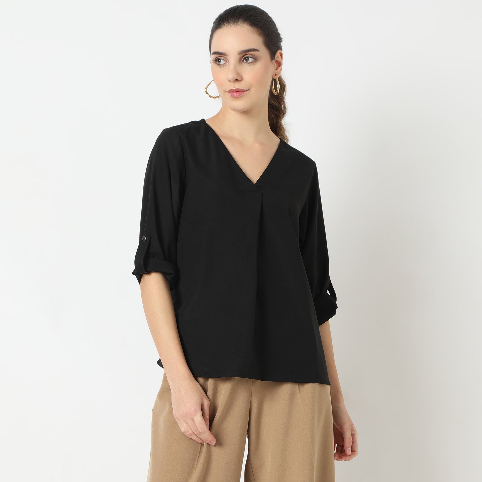 Regular Fit Solid V-Neck Top