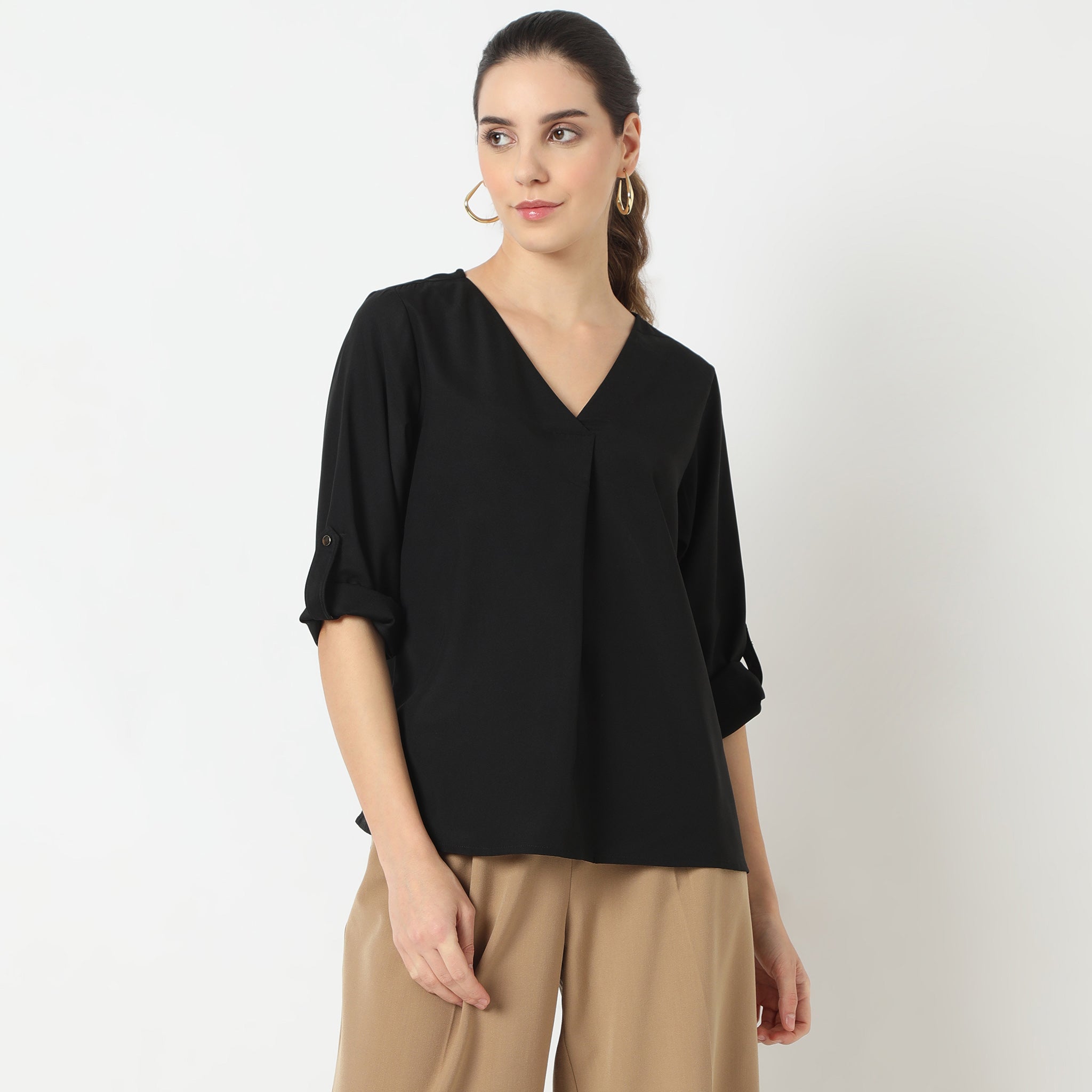 Regular Fit Solid V-Neck Top