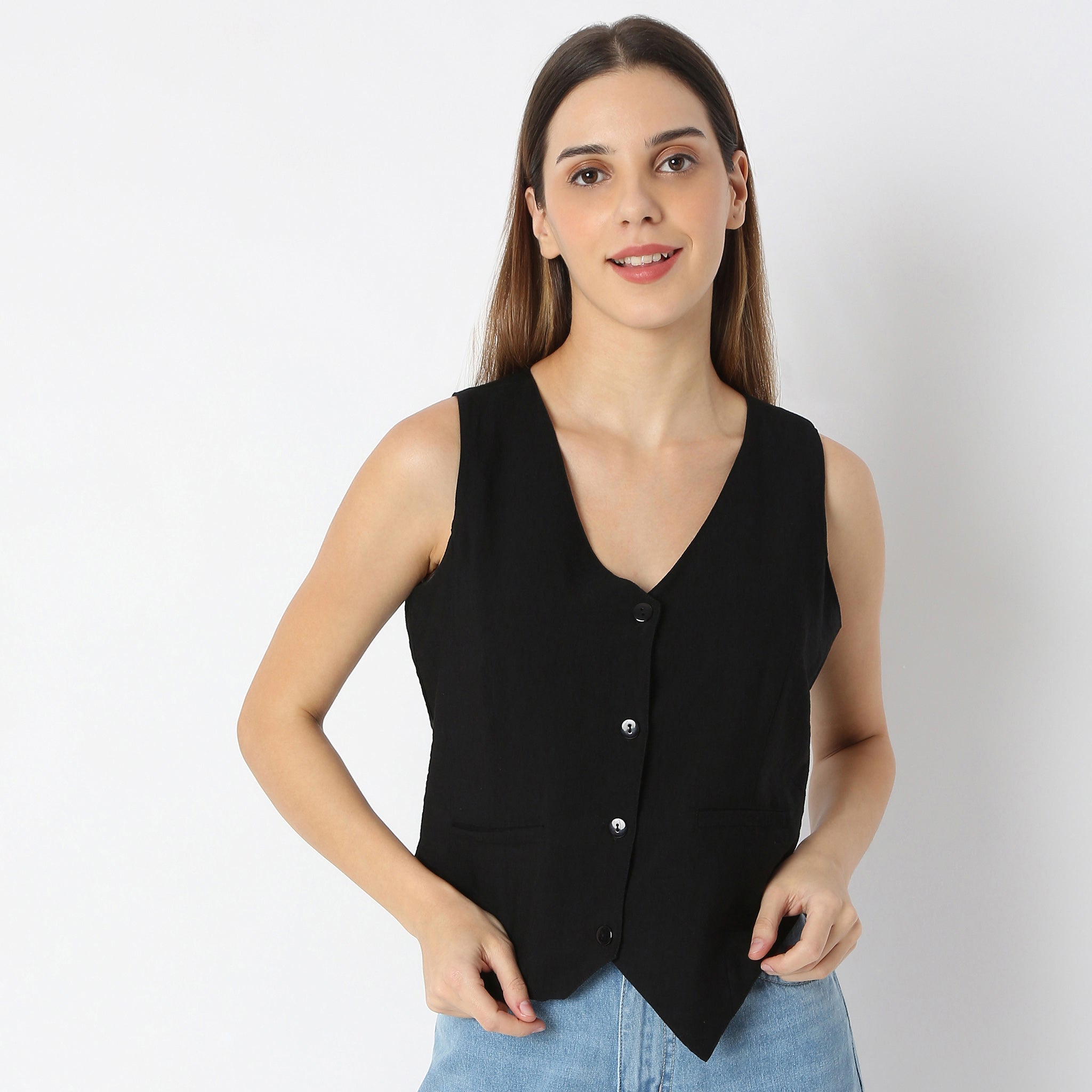 Solid V-Neck Sleeveless Fusion Top