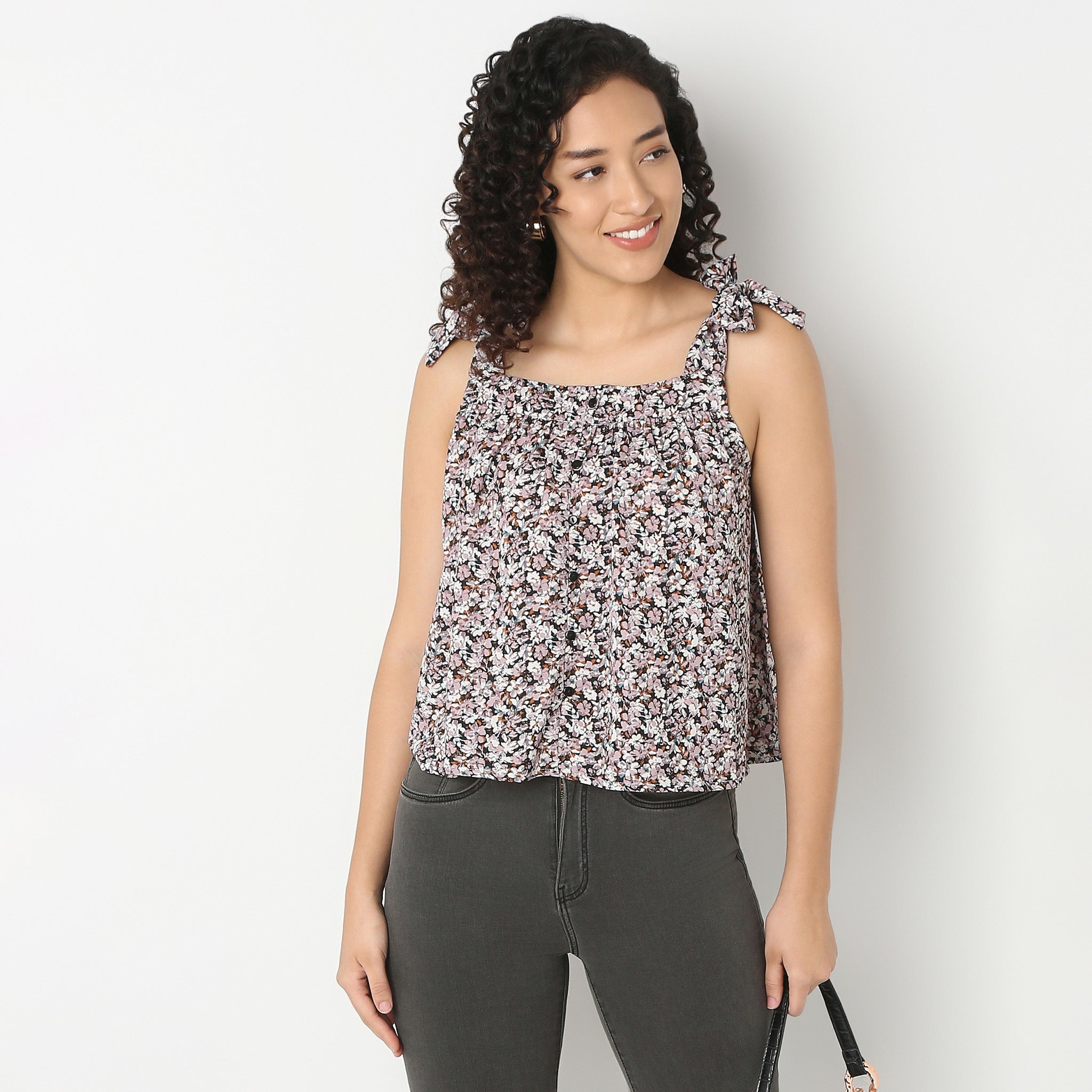 Floral Square Neck Strappy Top With Tie Detail