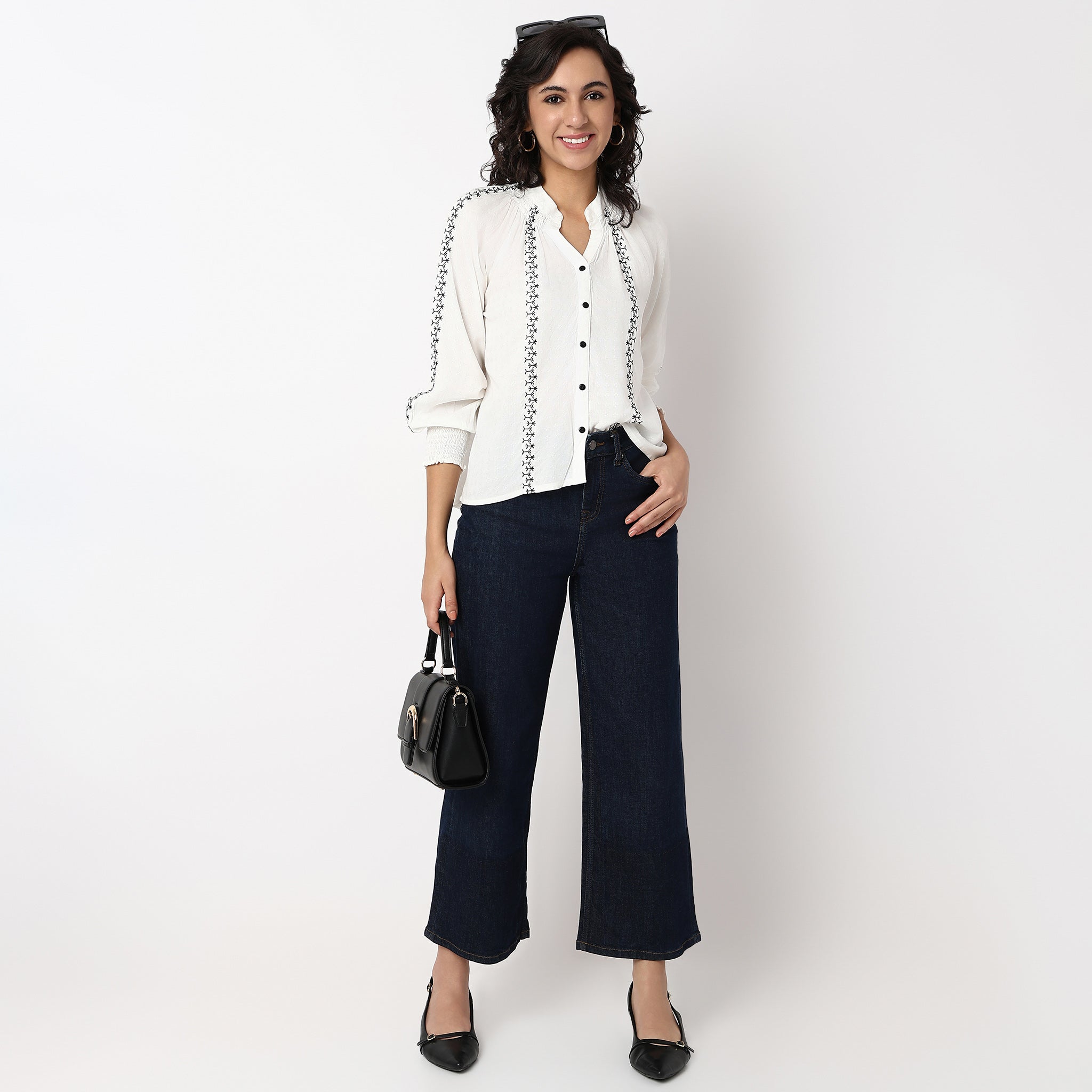 Woven Embroidered V-Neck Full Sleeve Top