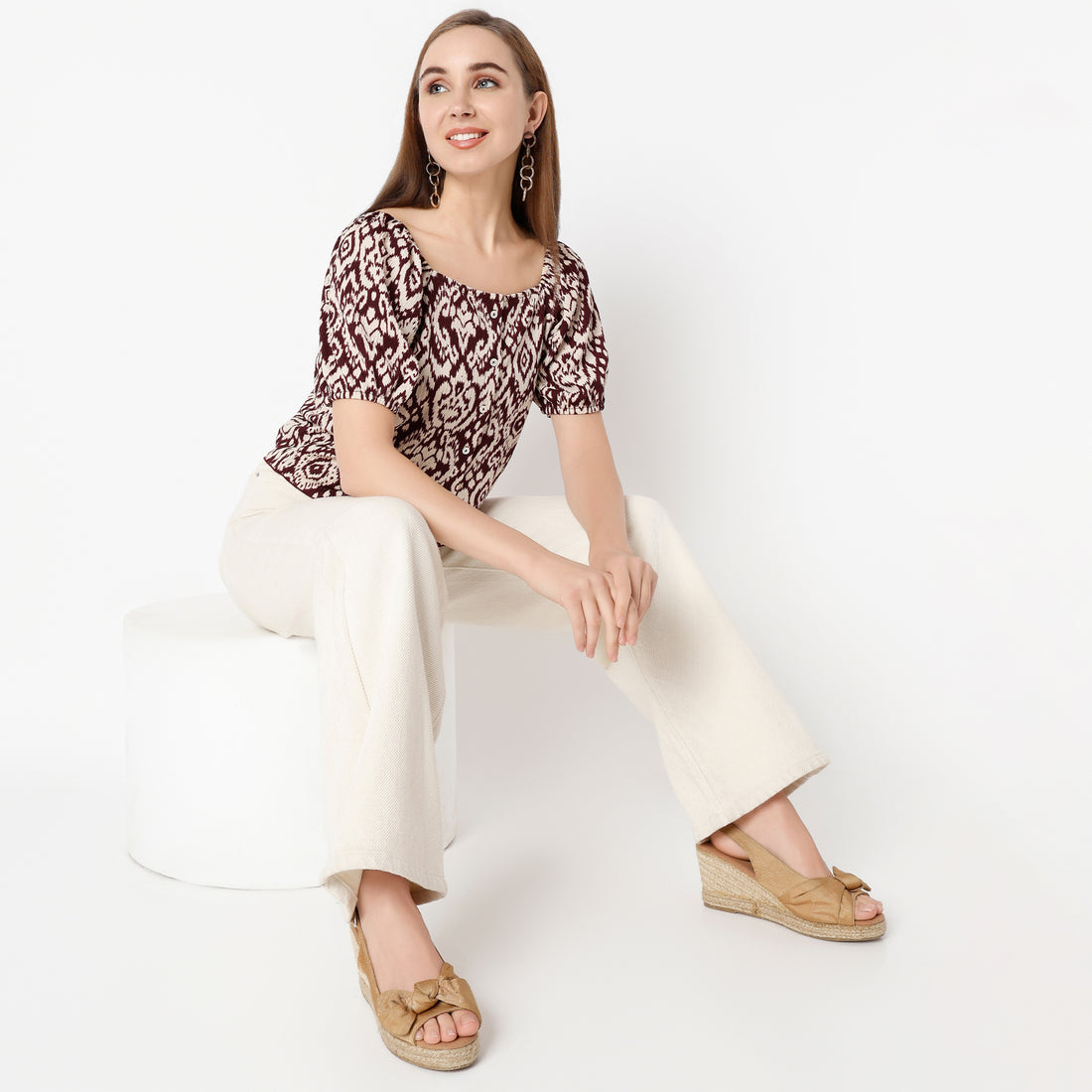 Regular Fit Printed Square Neck Top