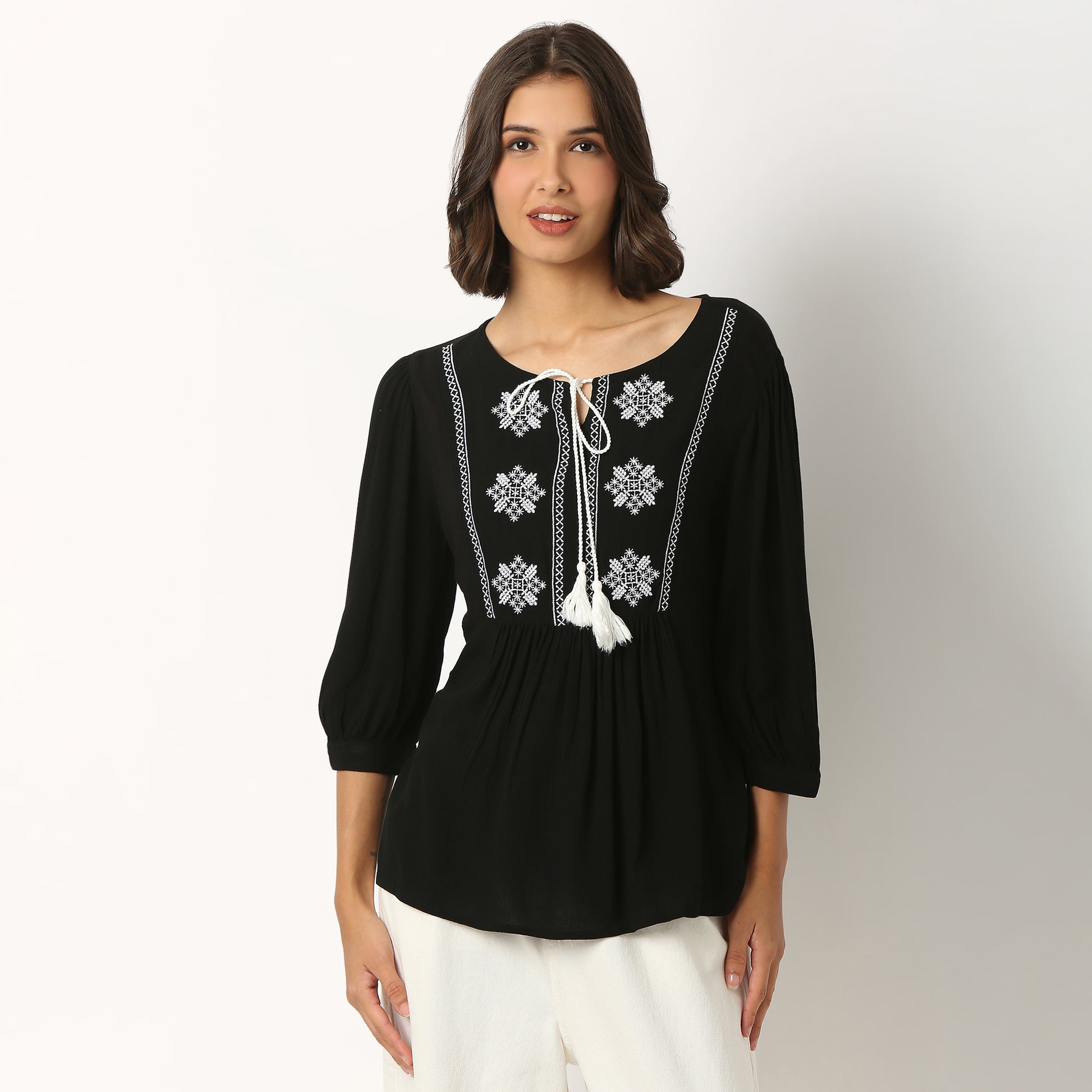 Embroidered Viscose V-Neck Top