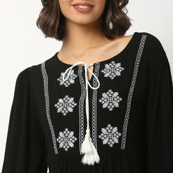 Embroidered Viscose V-Neck Top