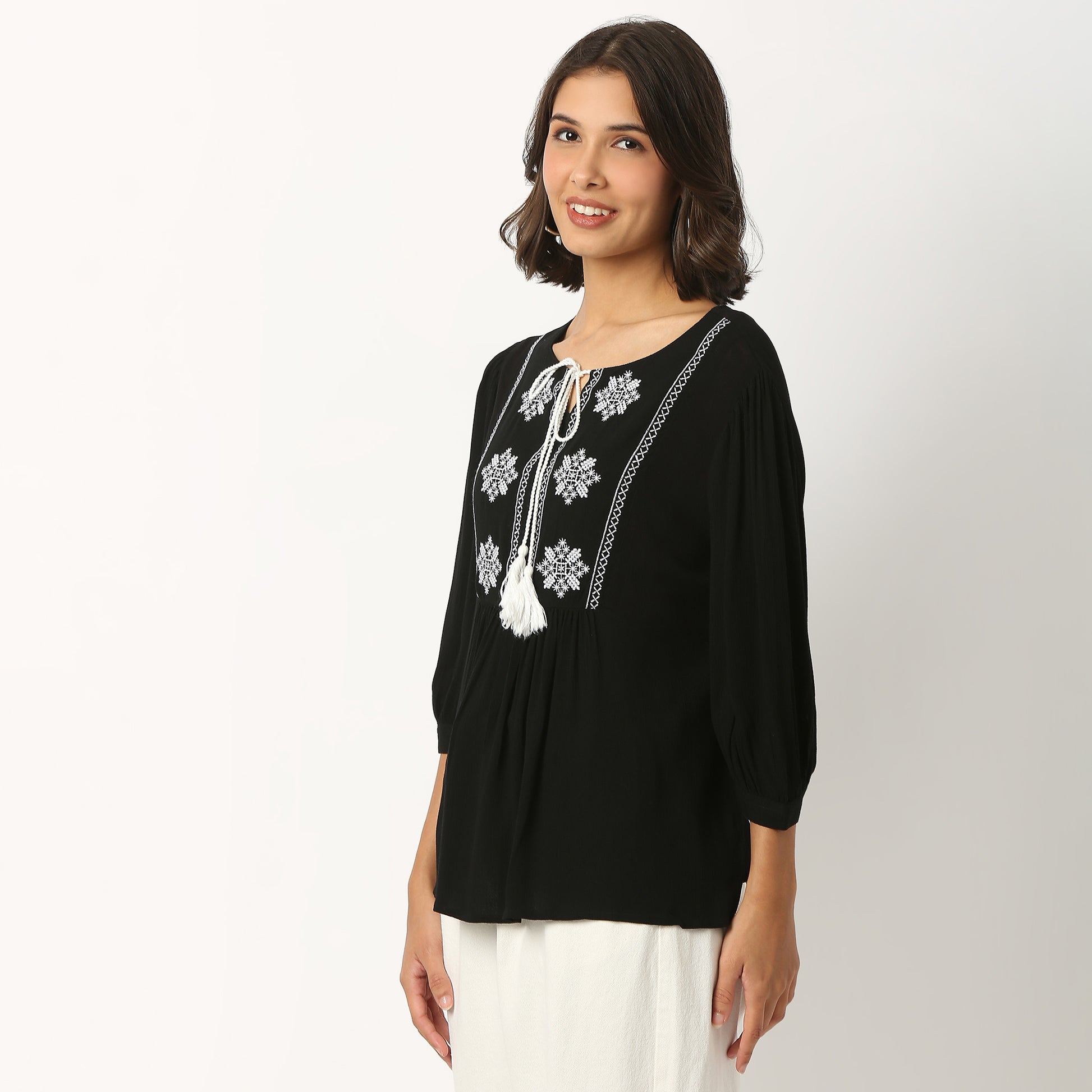 Embroidered Viscose V-Neck Top