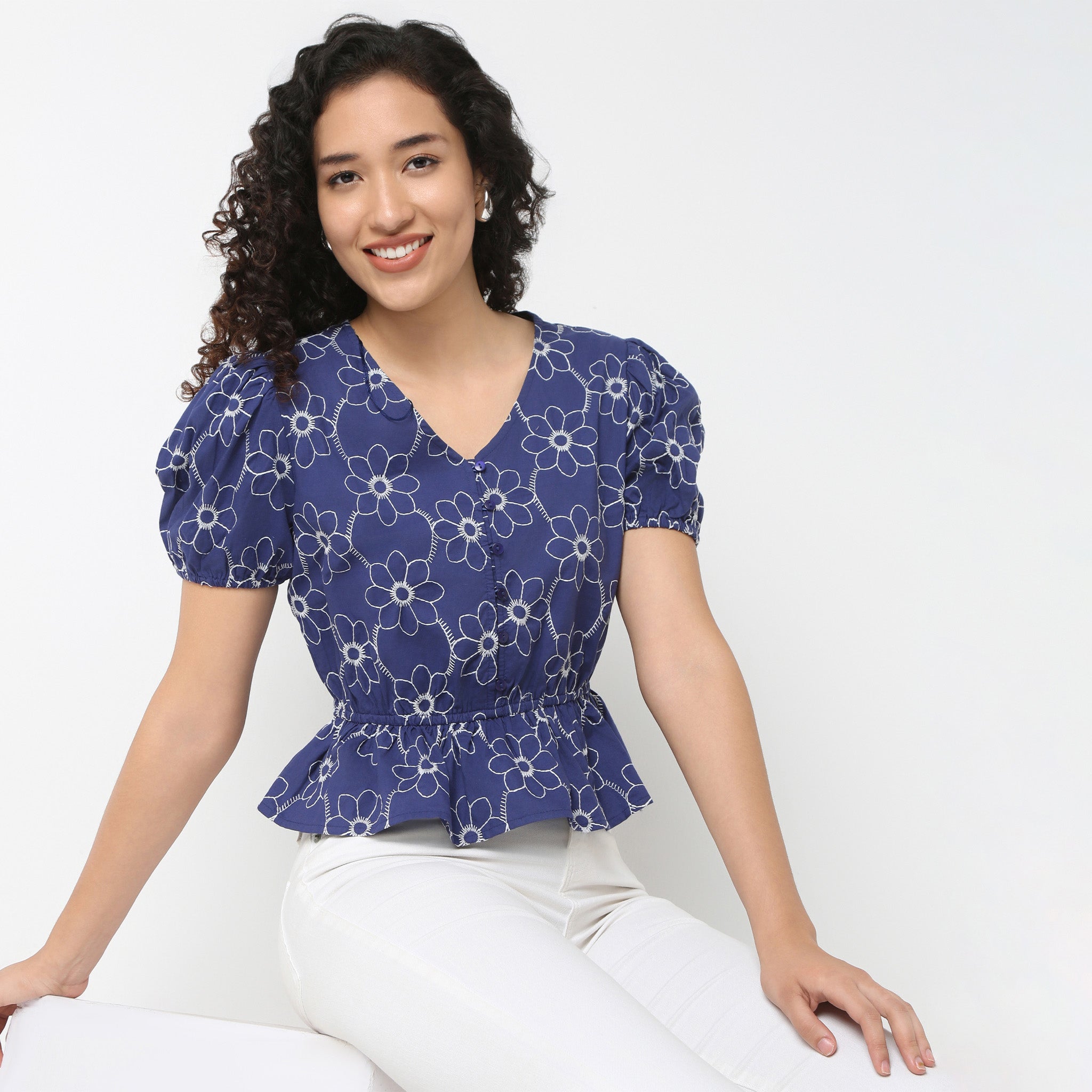 V-Neck Peplum Embroidered Top