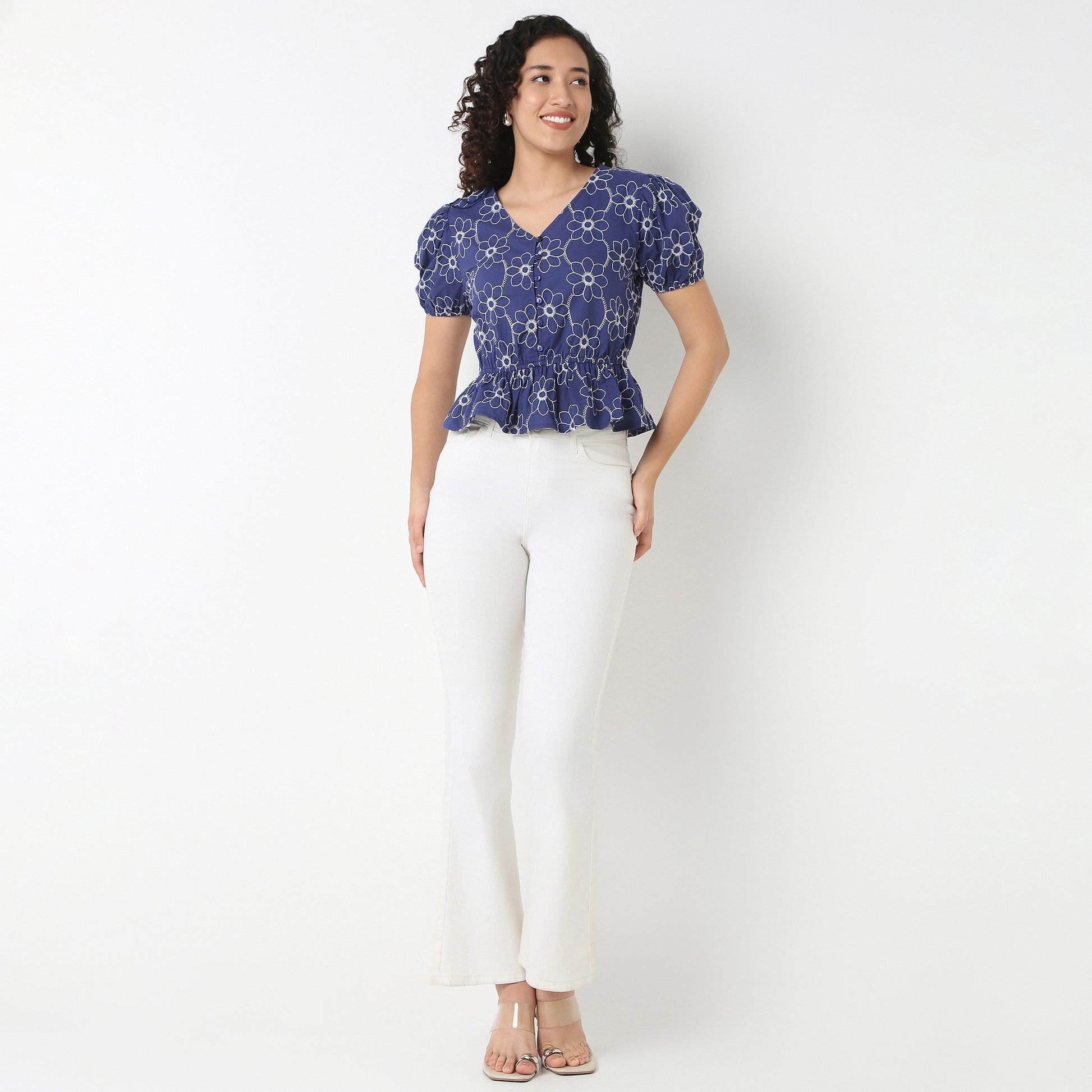 V-Neck Peplum Embroidered Top