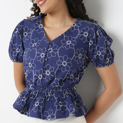 V-Neck Peplum Embroidered Top