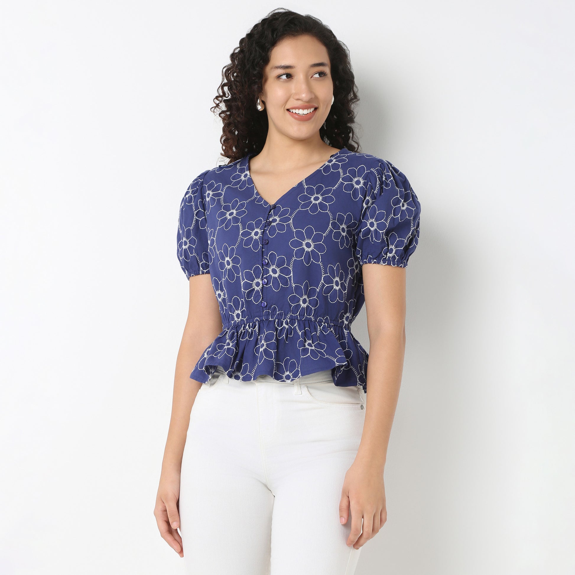V-Neck Peplum Embroidered Top