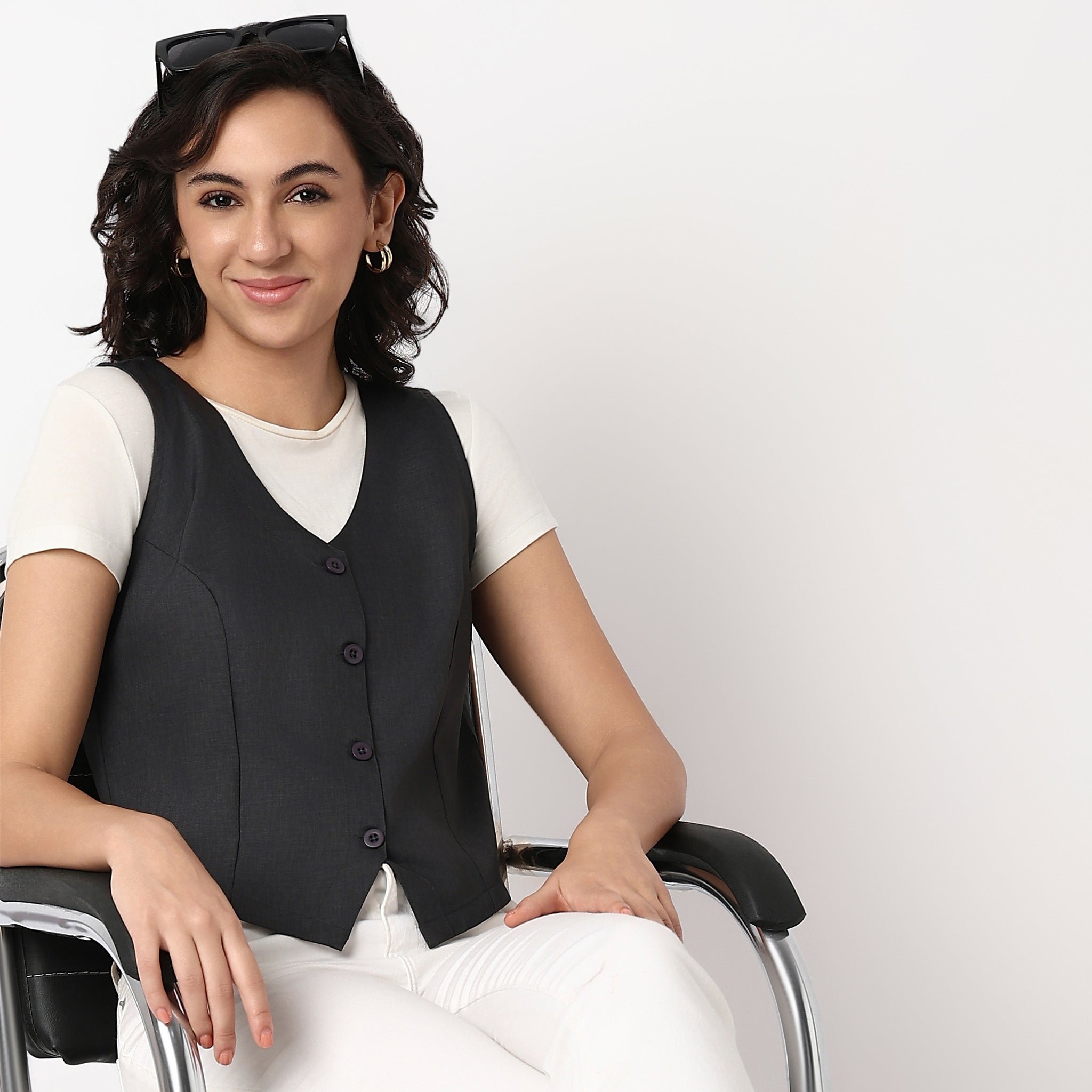 Woven Solid V-Neck Sleeveless Top