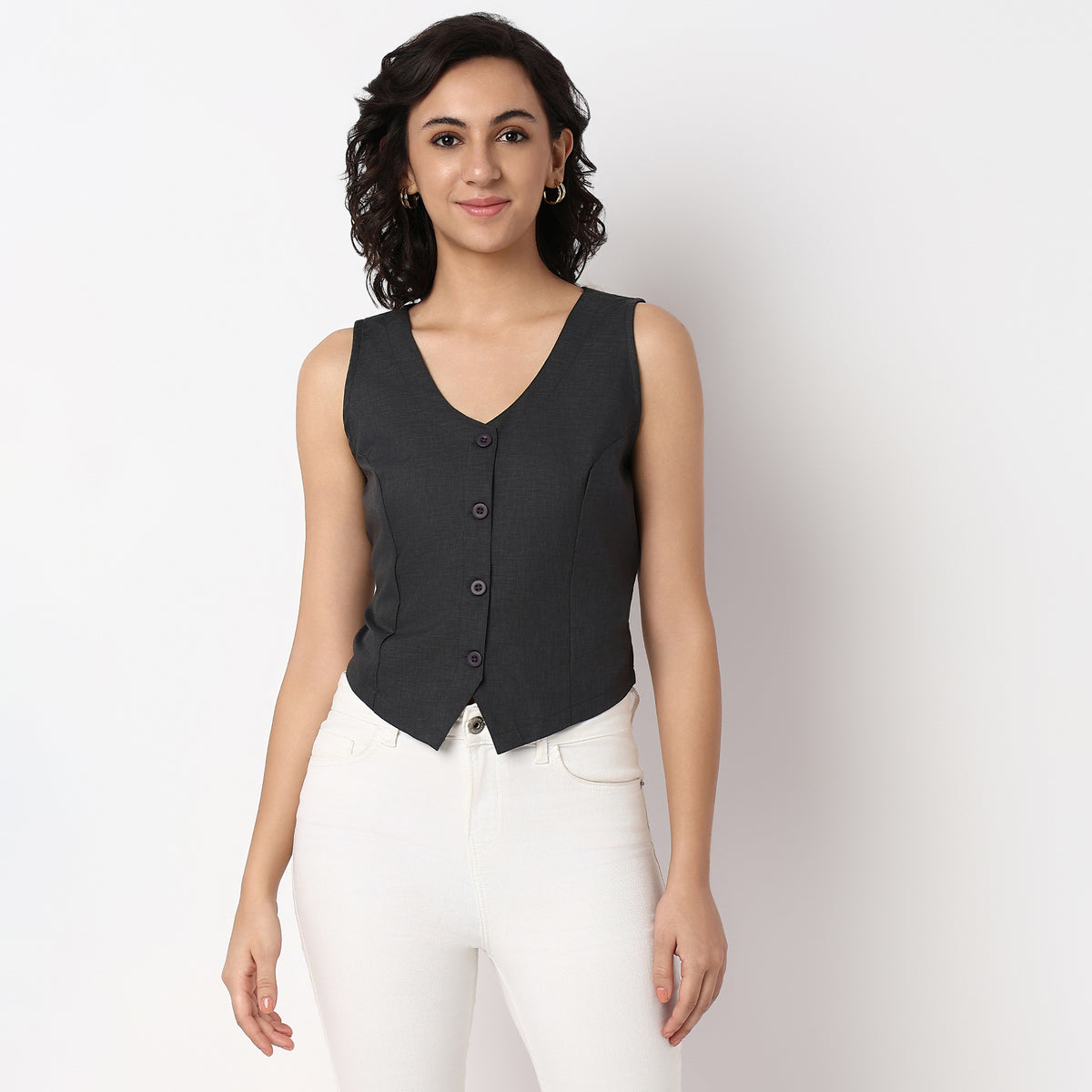 Woven Solid V-Neck Sleeveless Top