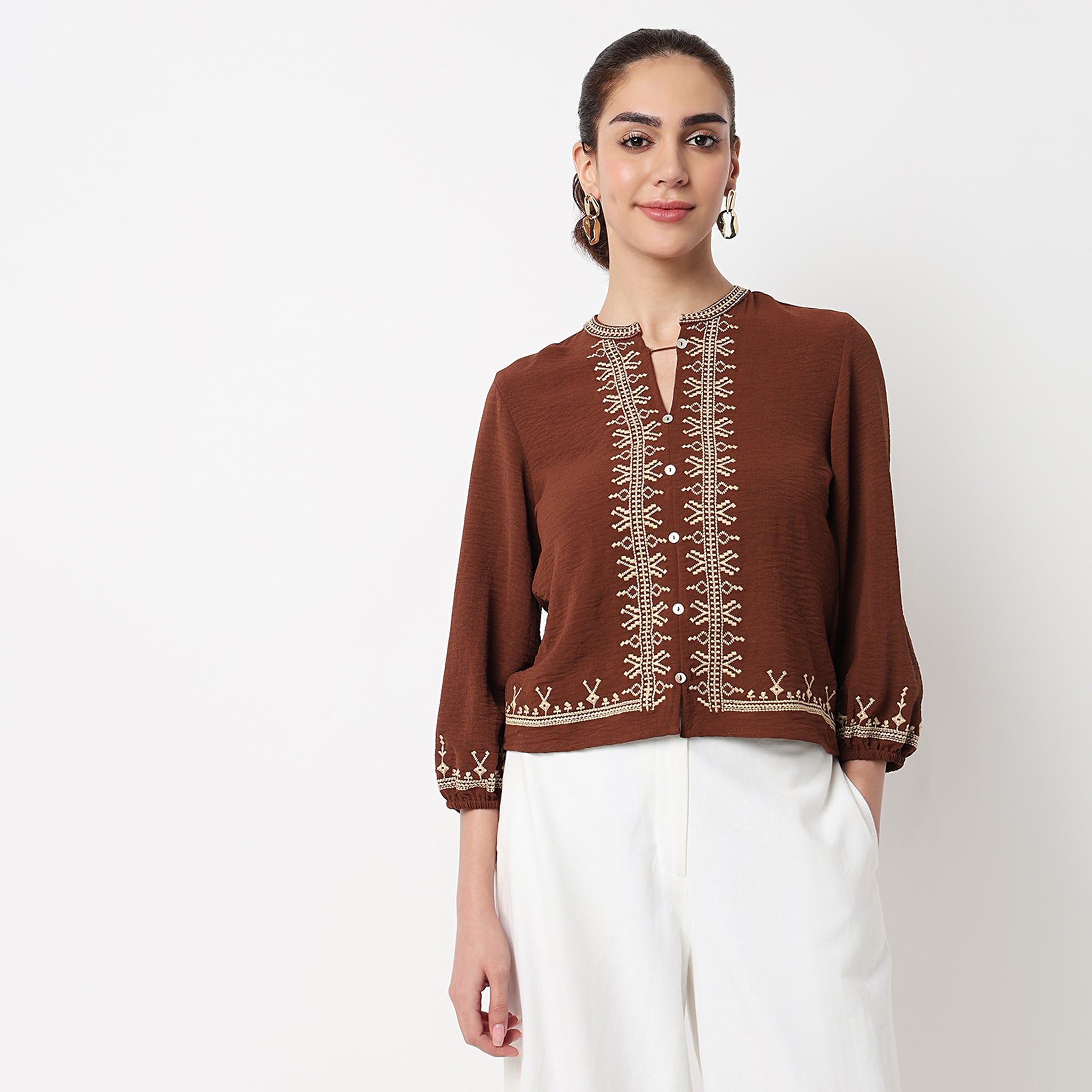 Embroidered Round Neck Top