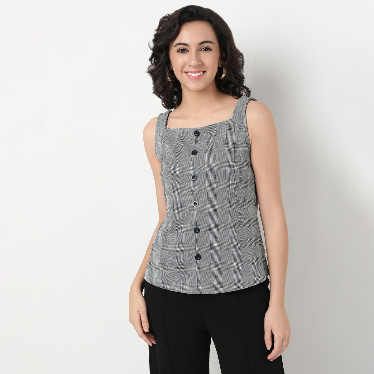 Order Now Women Checkered Square Neck Straight Slim Fit Western Wear Top by Style Union