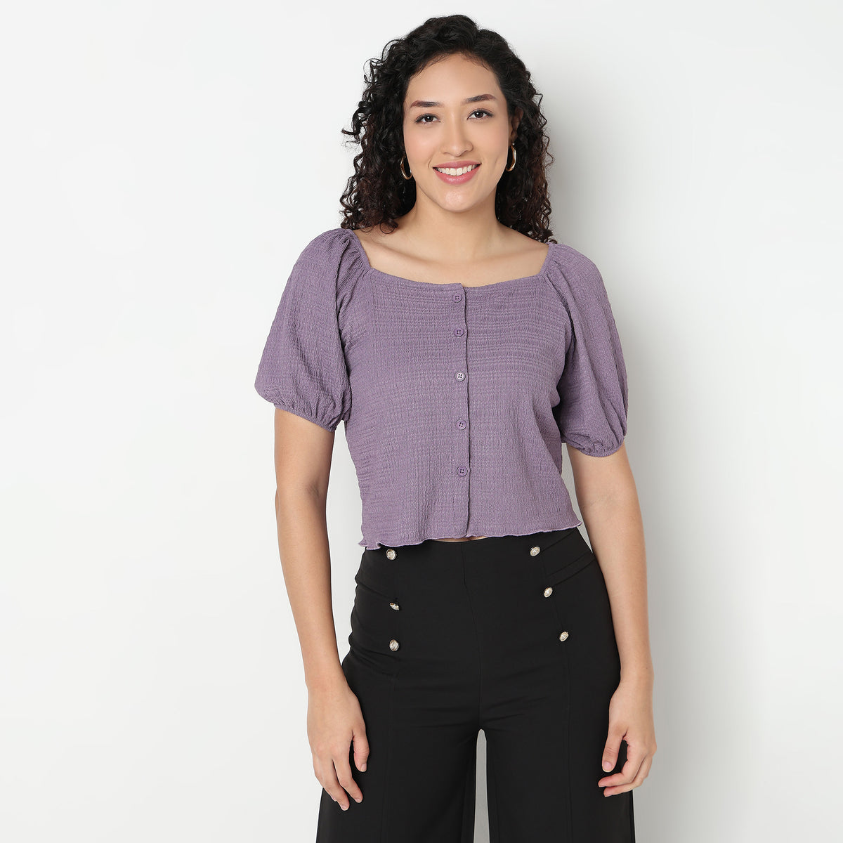 Buy Women Slim Fit Structured Puff Sleeve Top  - Style Union