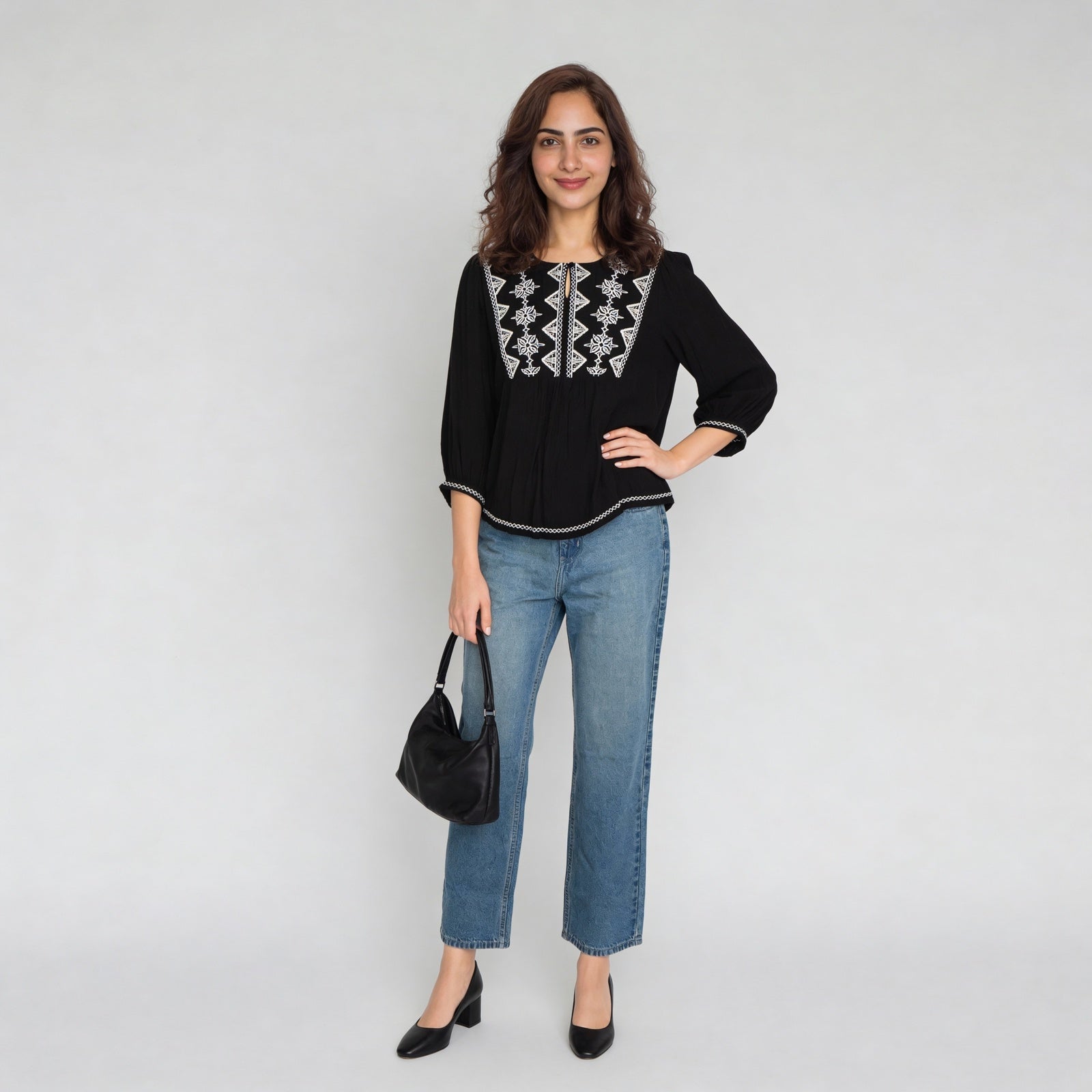 Viscose Embroidered Three-Fourth Sleeve Top