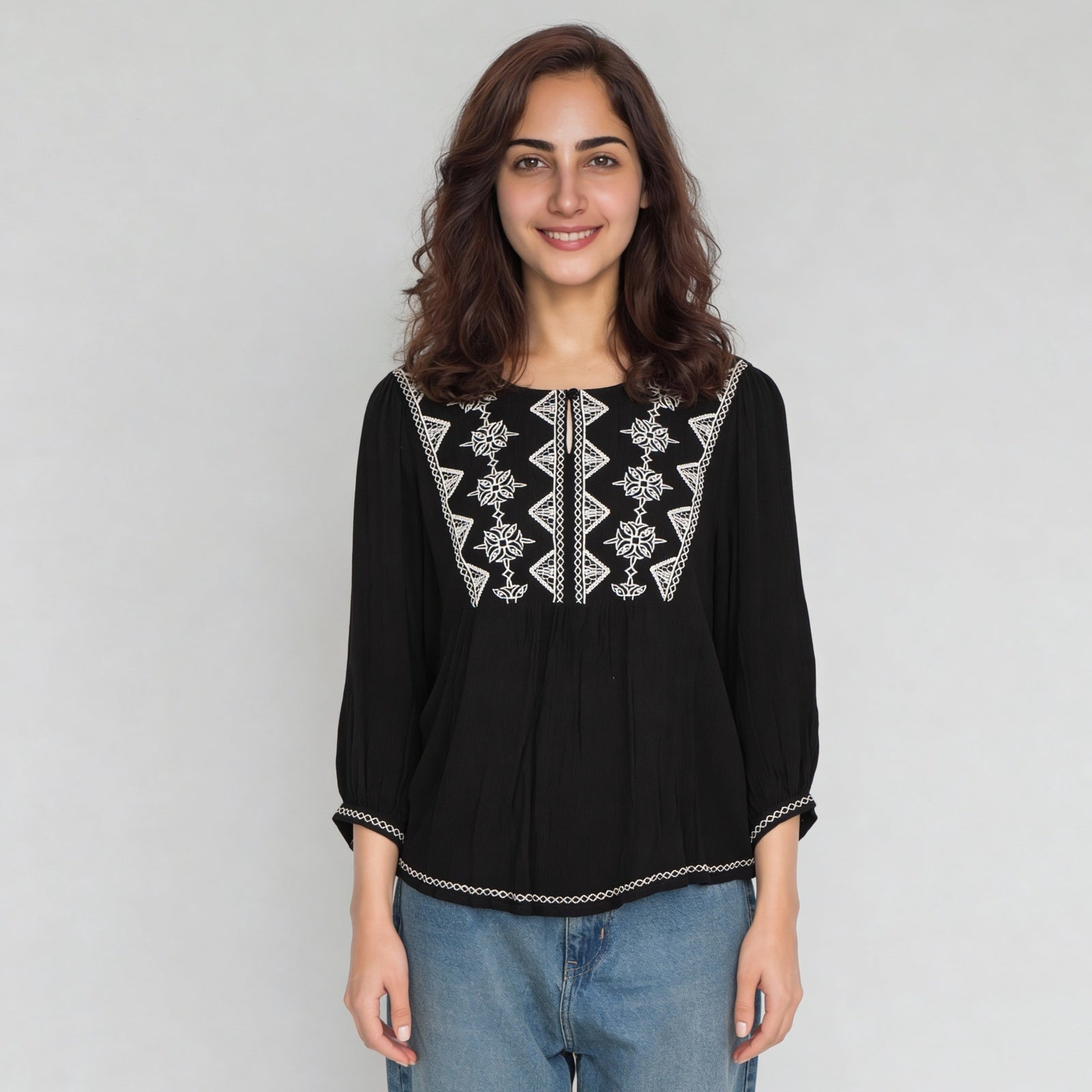Viscose Embroidered Three-Fourth Sleeve Top