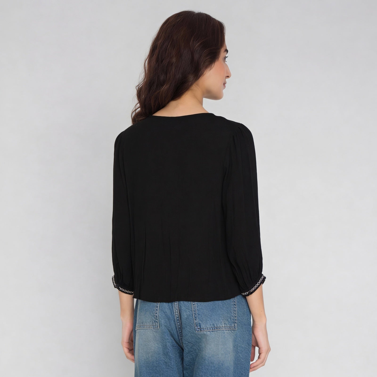 Viscose Embroidered Three-Fourth Sleeve Top