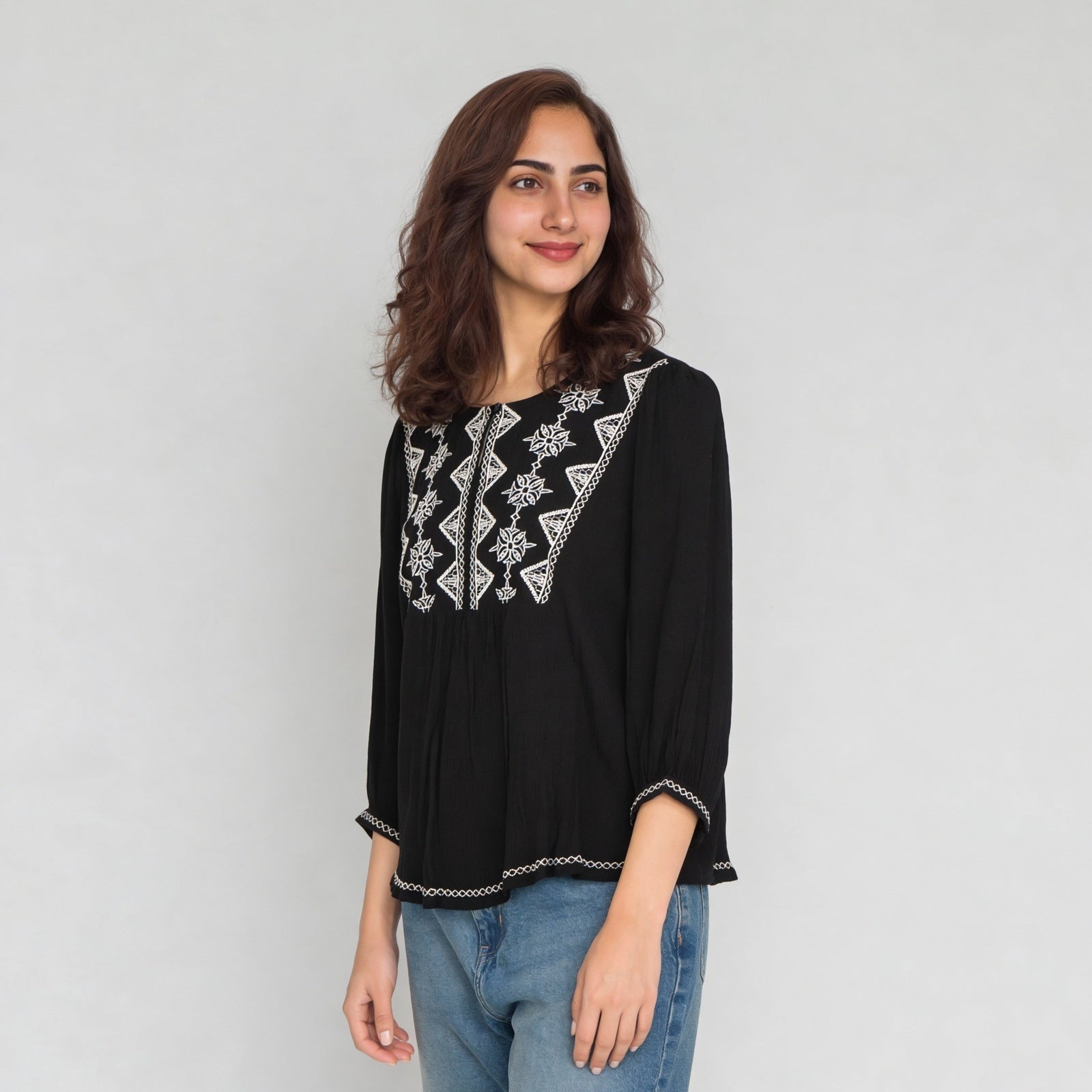 Viscose Embroidered Three-Fourth Sleeve Top