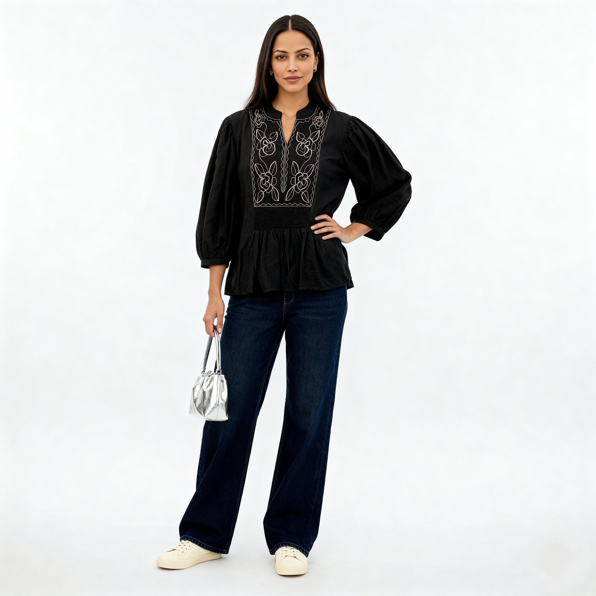 Embroidered Band Neck Top