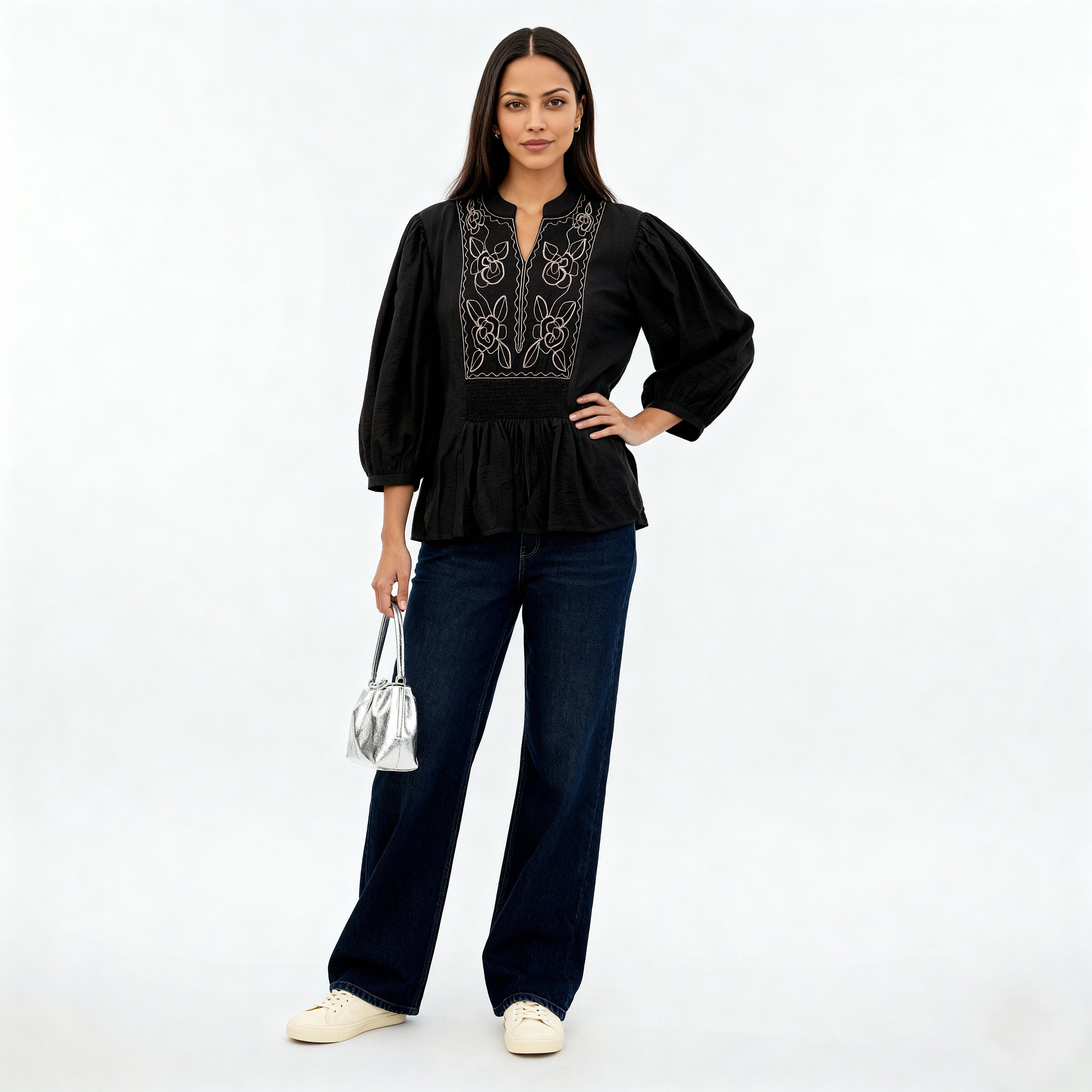 Embroidered Band Neck Top