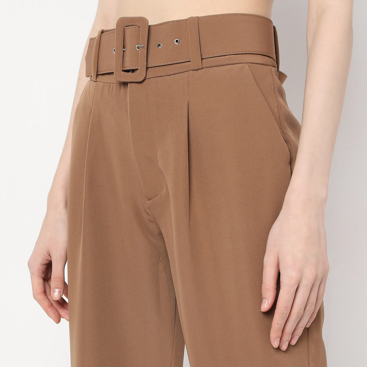 Ankle Length Front Pleated Buckle Belt High Rise Trousers