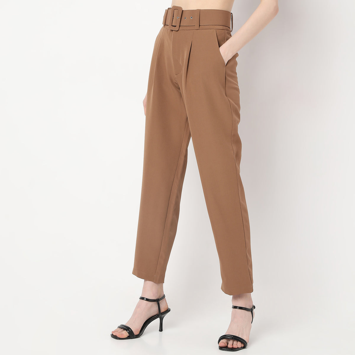 Ankle Length Front Pleated Buckle Belt High Rise Trousers