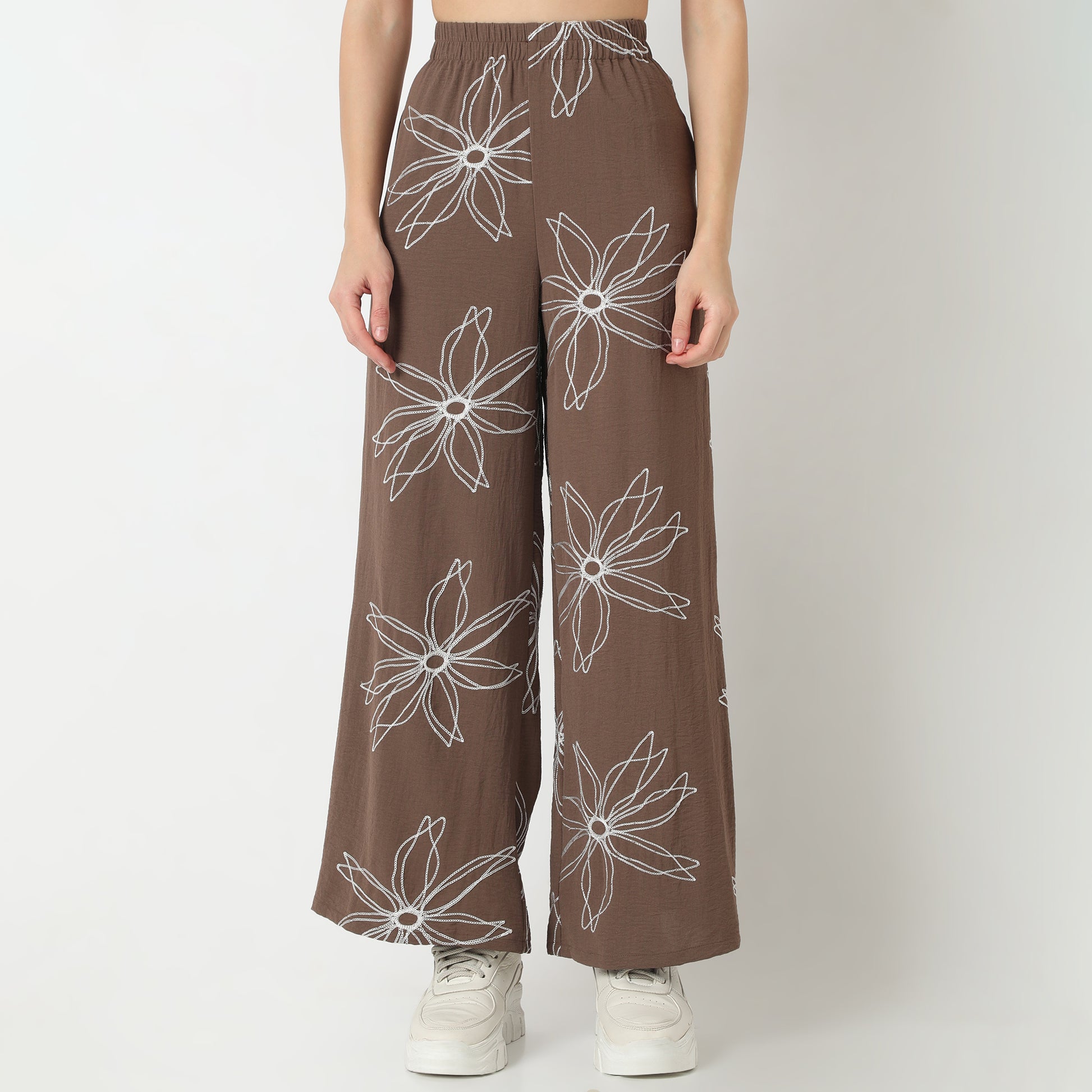 Regular Fit Embroidered Regular Length Mid Rise Trousers