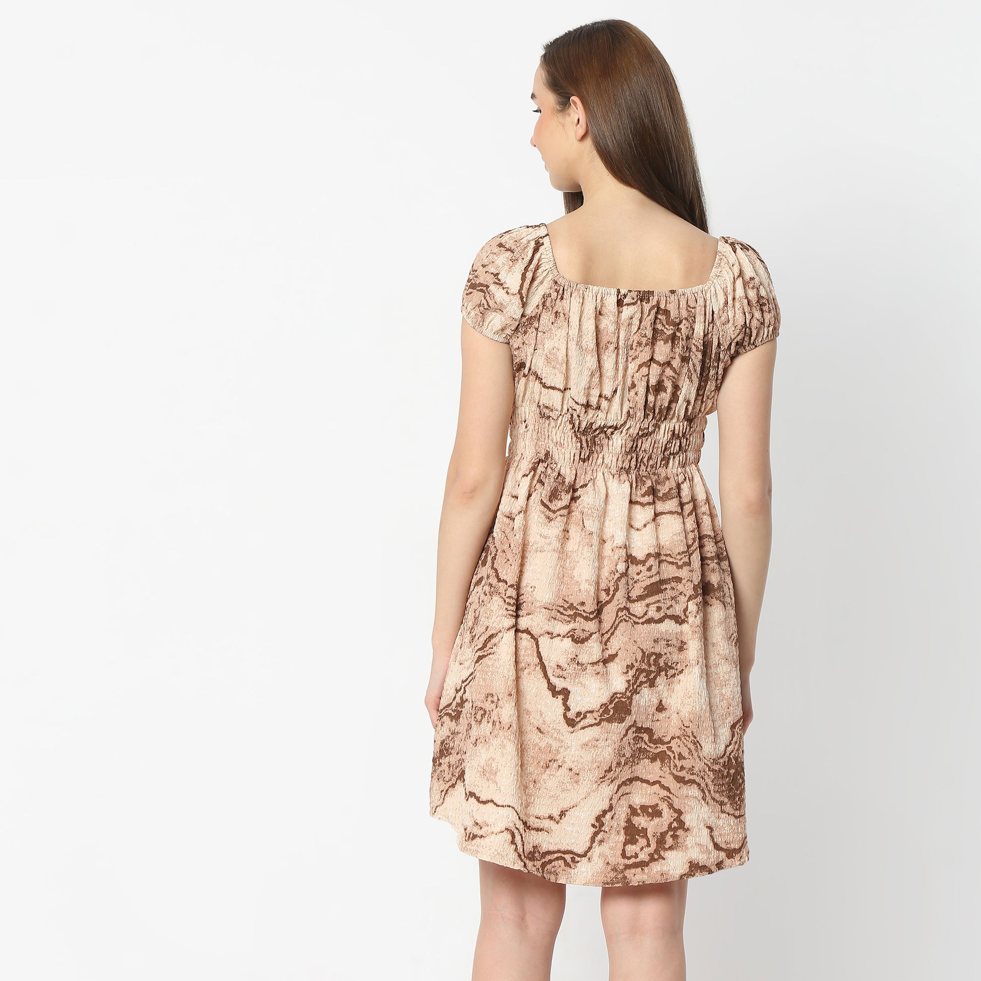 Regular Fit Printed Square Neck Above Knee Dress